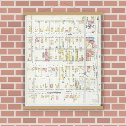 Old map wall art mockup — magnetic wood frame on brick wall — Sanborn Fire Insurance Map from Marion, Marion County, Ohio (1892), Sheet #0002