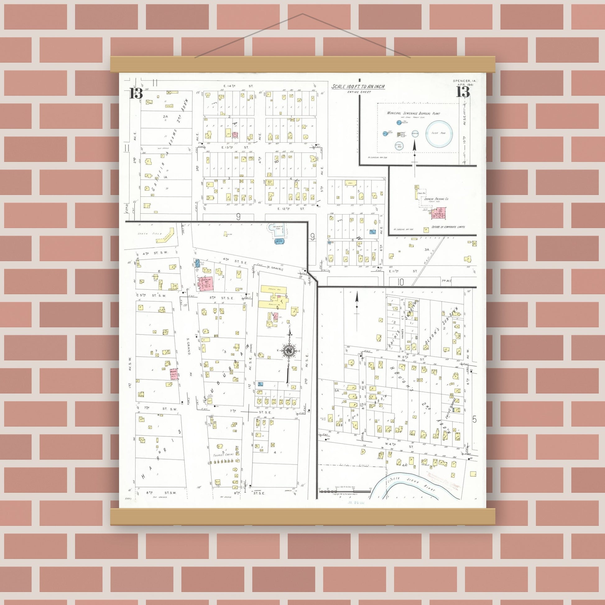 Old map wall art mockup — magnetic wood frame on brick wall — Sanborn Fire Insurance Map from Spencer, Clay County, Iowa (1941), Sheet #0013