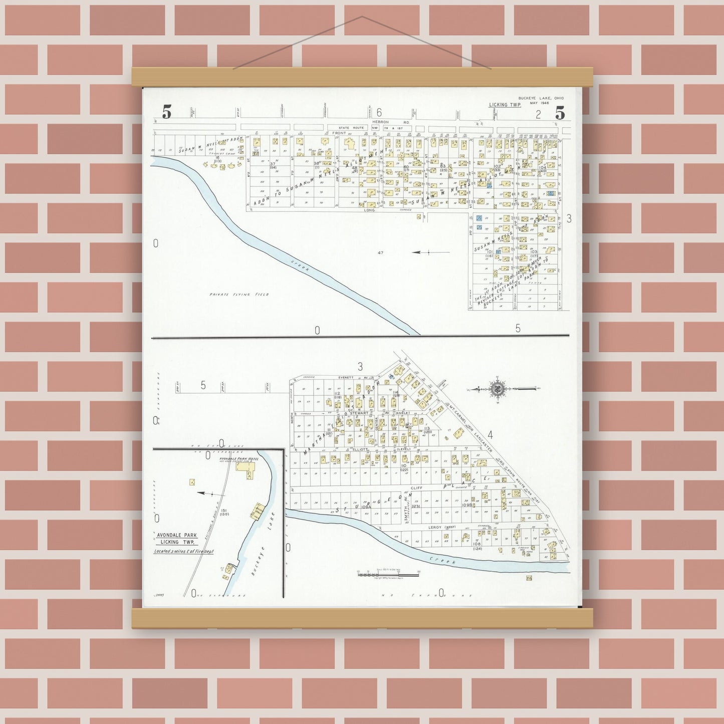 Old map wall art mockup — magnetic wood frame on brick wall — Sanborn Fire Insurance Map from Buckeye Lake, Licking County, Ohio (1946), Sheet #0005