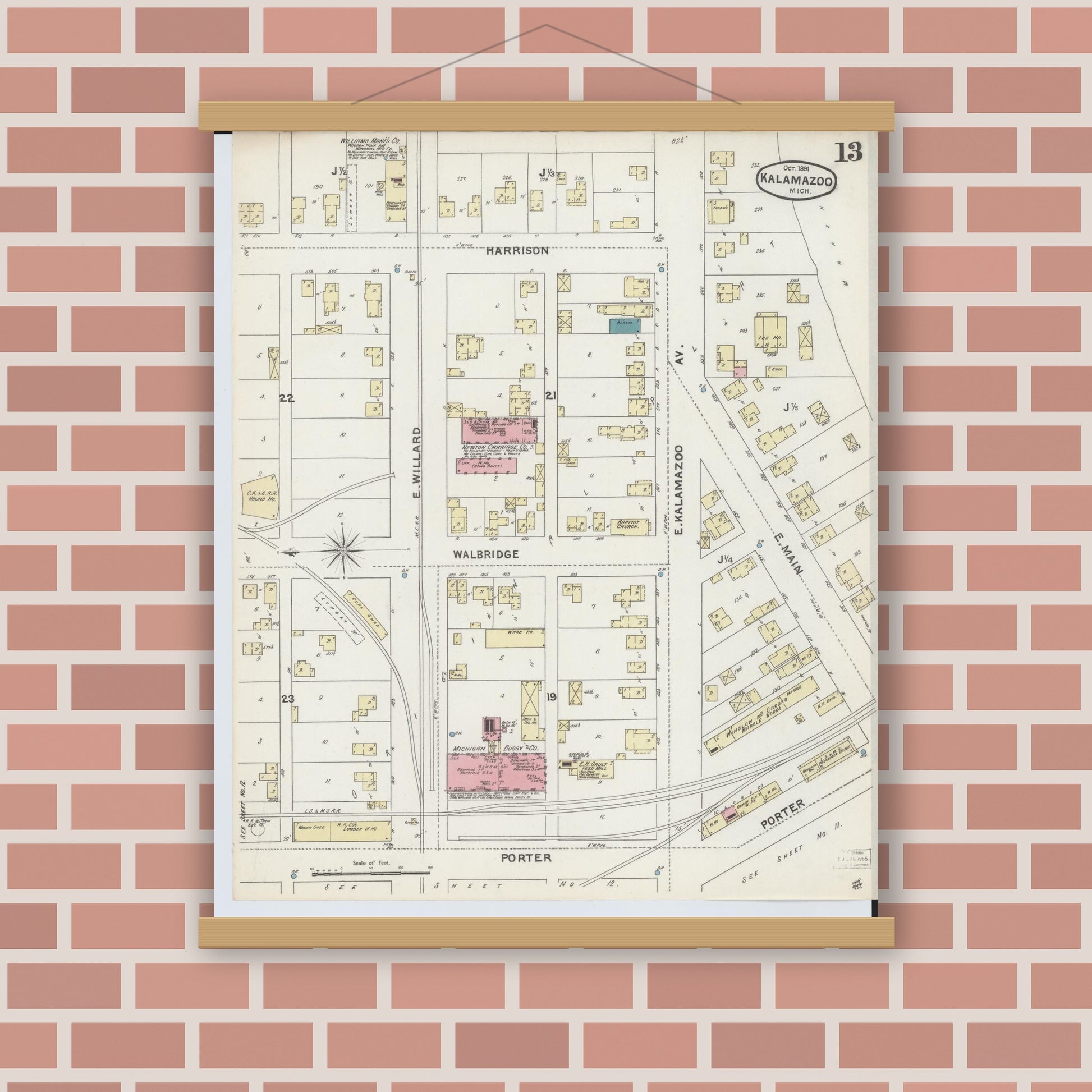 Old map wall art mockup — magnetic wood frame on brick wall — Sanborn Fire Insurance Map from Kalamazoo, Kalamazoo County, Michigan (1891), Sheet #0013