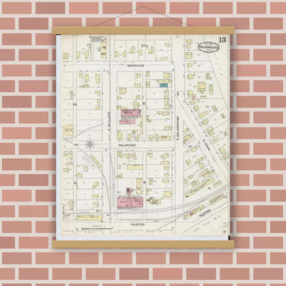 Old map wall art mockup — magnetic wood frame on brick wall — Sanborn Fire Insurance Map from Kalamazoo, Kalamazoo County, Michigan (1891), Sheet #0013