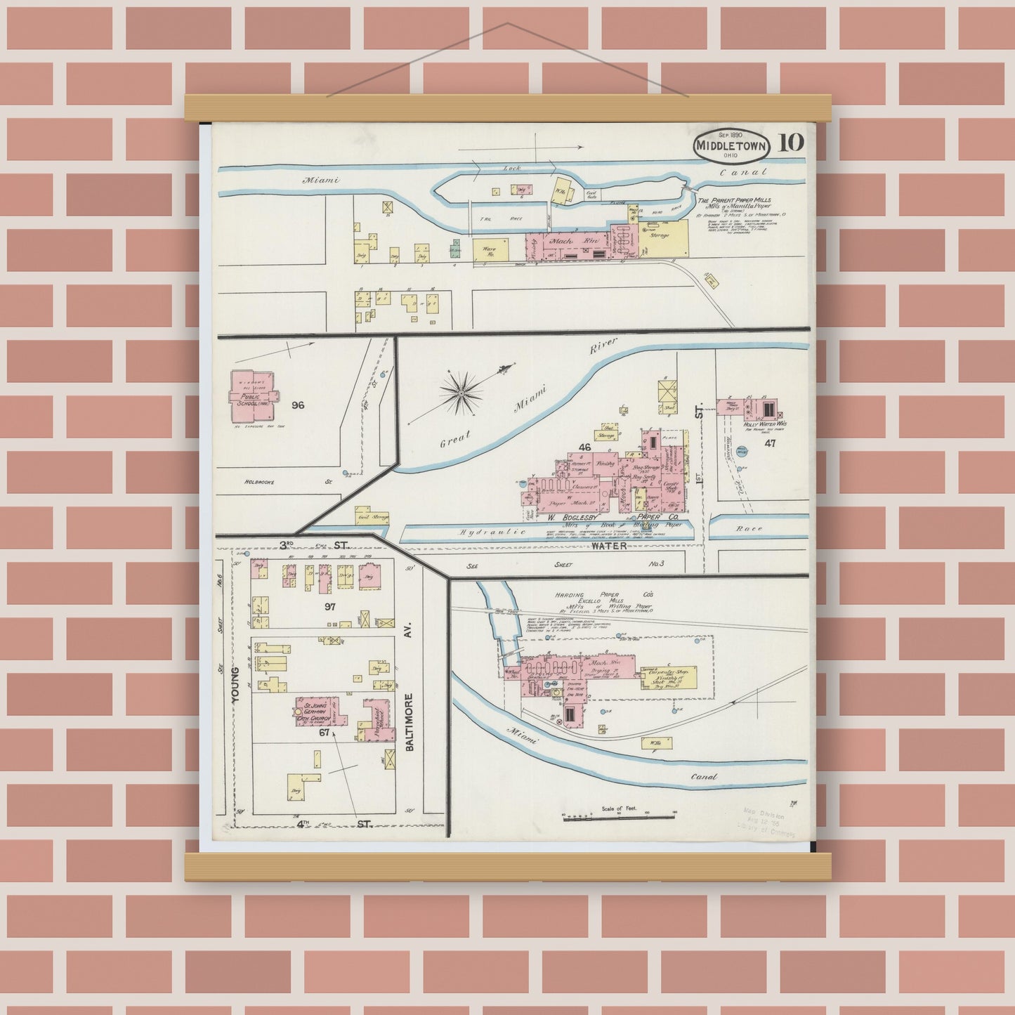 Old map wall art mockup — magnetic wood frame on brick wall — Sanborn Fire Insurance Map from Middletown, Butler County, Ohio (1890), Sheet #0010