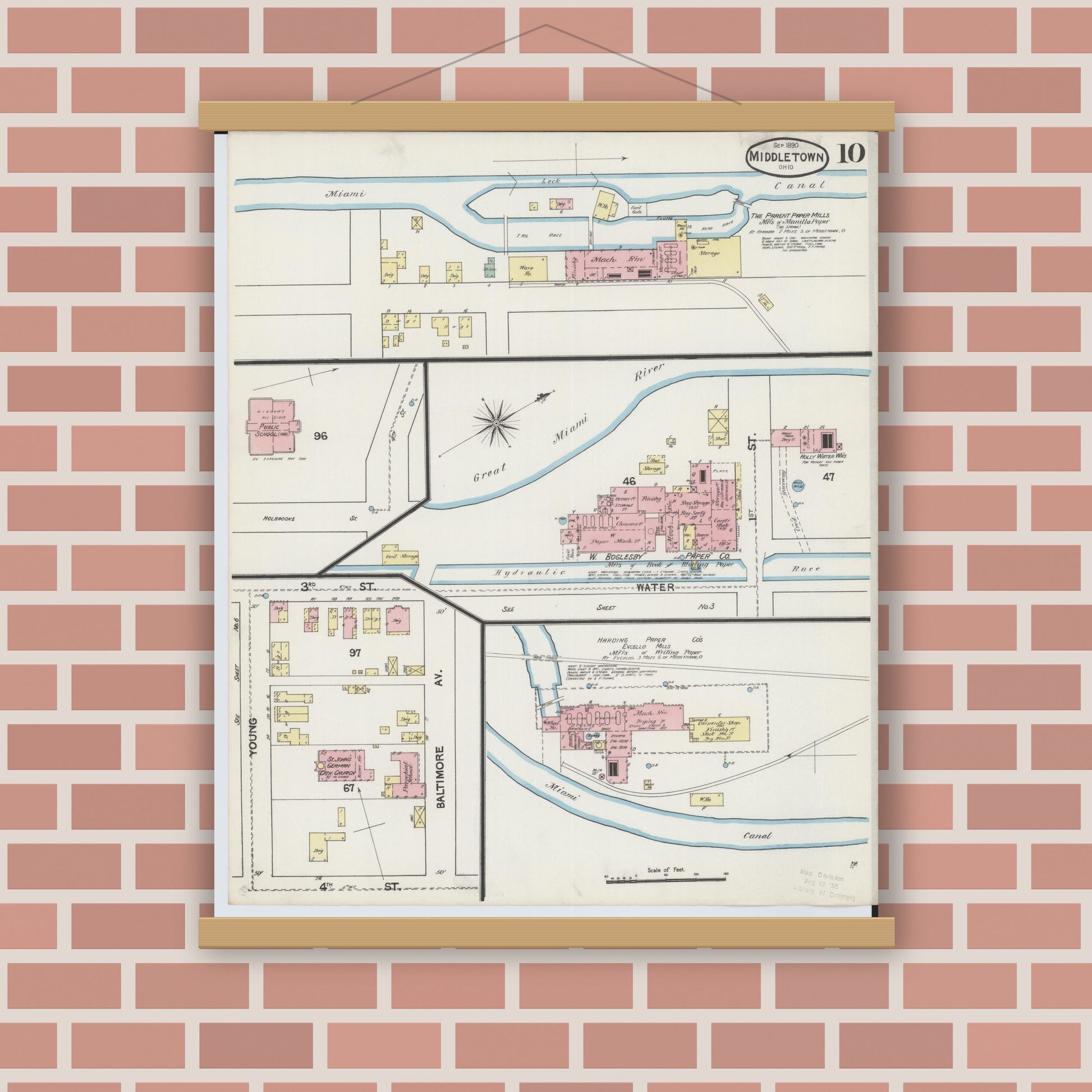 Old map wall art mockup — magnetic wood frame on brick wall — Sanborn Fire Insurance Map from Middletown, Butler County, Ohio (1890), Sheet #0010