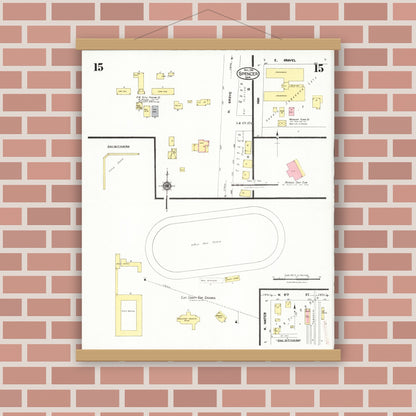 Old map wall art mockup — magnetic wood frame on brick wall — Sanborn Fire Insurance Map from Spencer, Clay County, Iowa (1924), Sheet #0015