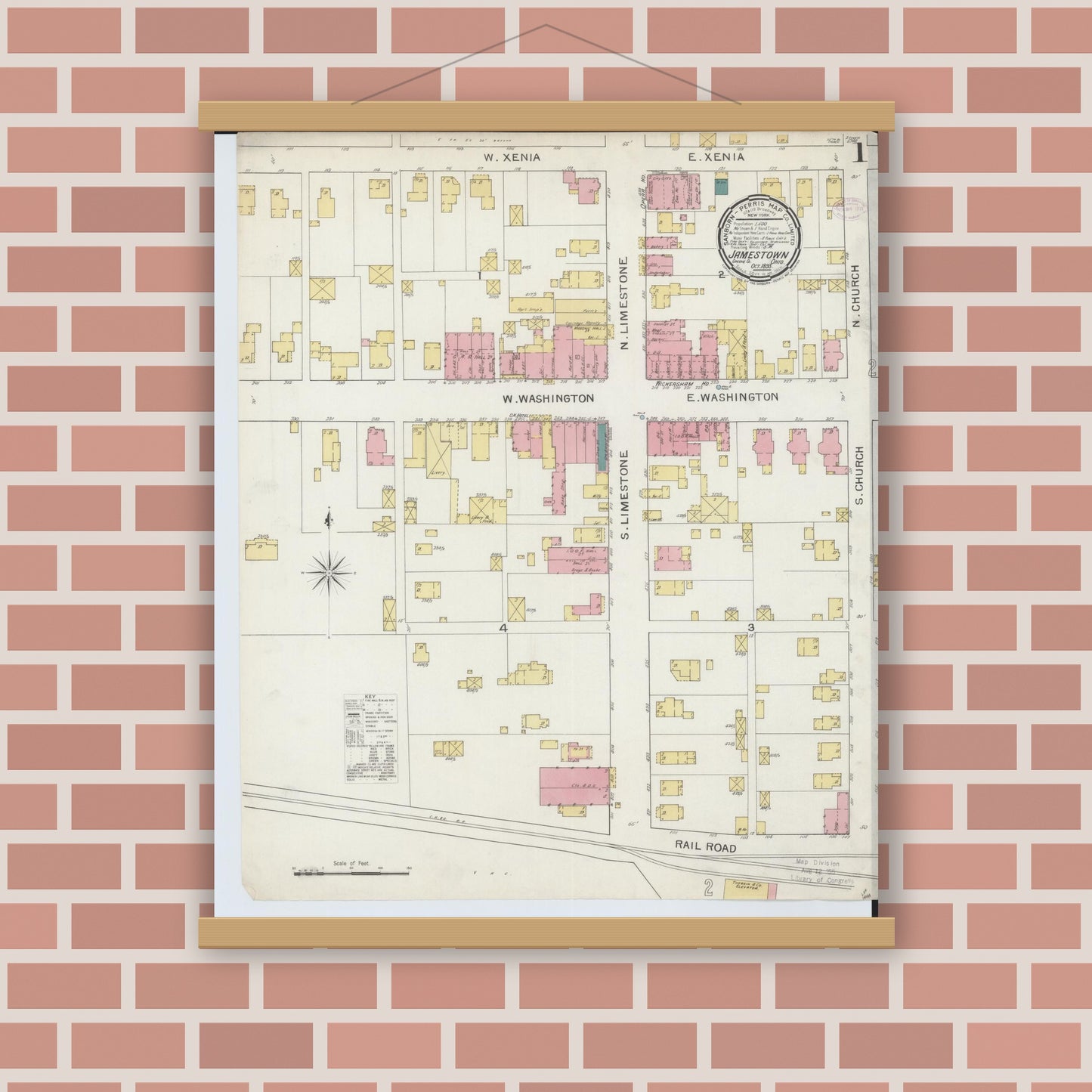 Old map wall art mockup — magnetic wood frame on brick wall — Sanborn Fire Insurance Map from Jamestown, Greene County, Ohio (1893) - Complete Map Set