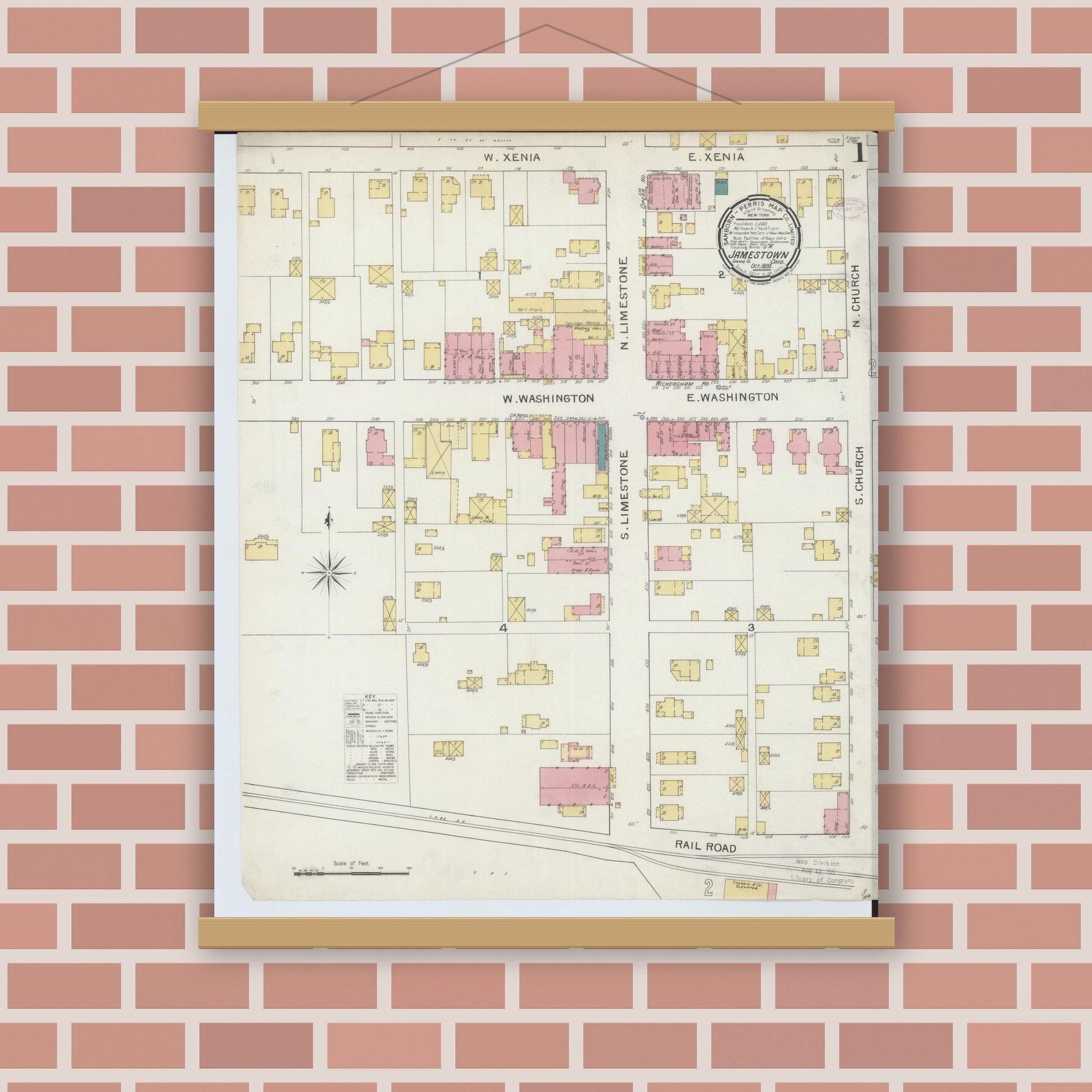 Old map wall art mockup — magnetic wood frame on brick wall — Sanborn Fire Insurance Map from Jamestown, Greene County, Ohio (1893) - Complete Map Set