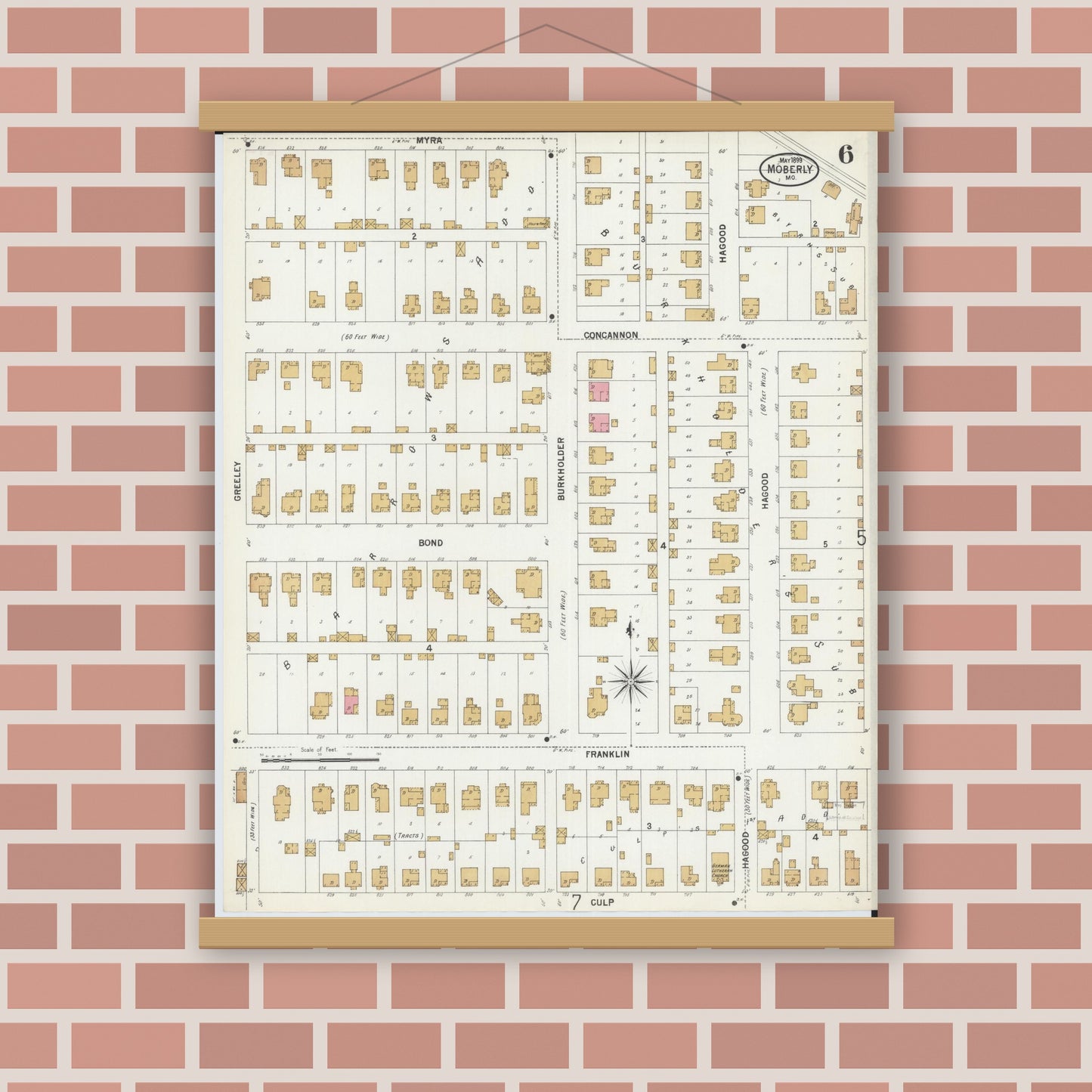 Old map wall art mockup — magnetic wood frame on brick wall — Sanborn Fire Insurance Map from Moberly, Randolph County, Missouri (1899), Sheet #0006