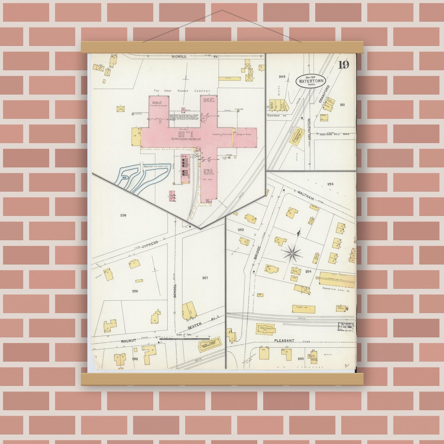 Old map wall art mockup — magnetic wood frame on brick wall — Sanborn Fire Insurance Map from Watertown, Middlesex County, Massachusetts (1904), Sheet #0019