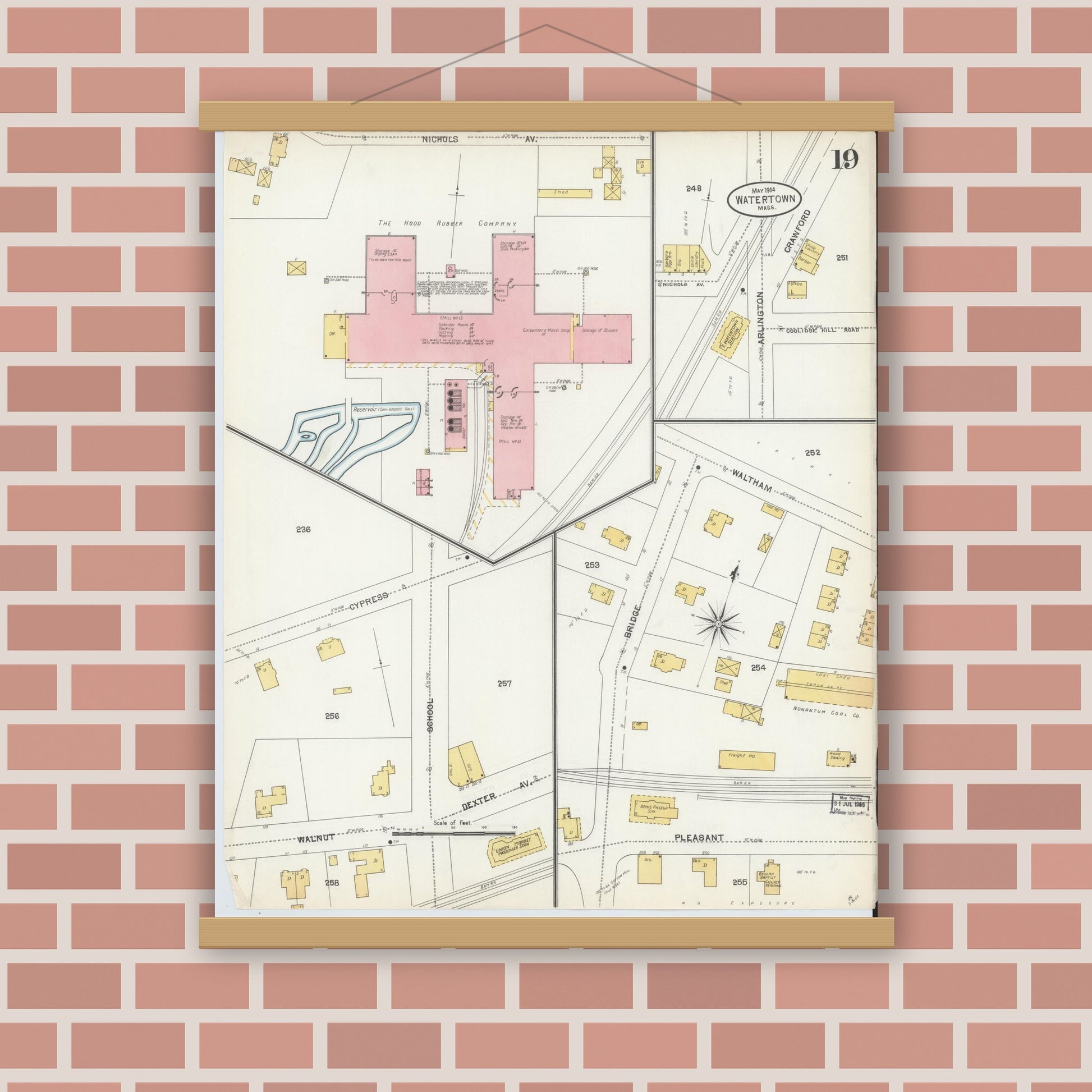 Old map wall art mockup — magnetic wood frame on brick wall — Sanborn Fire Insurance Map from Watertown, Middlesex County, Massachusetts (1904), Sheet #0019