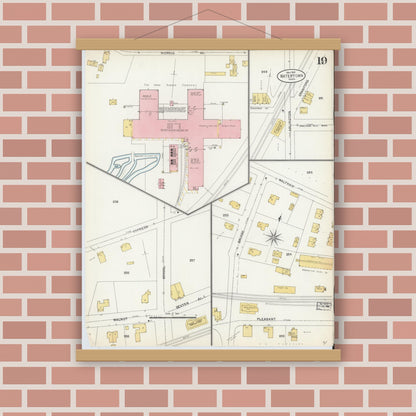 Old map wall art mockup — magnetic wood frame on brick wall — Sanborn Fire Insurance Map from Watertown, Middlesex County, Massachusetts (1904), Sheet #0019