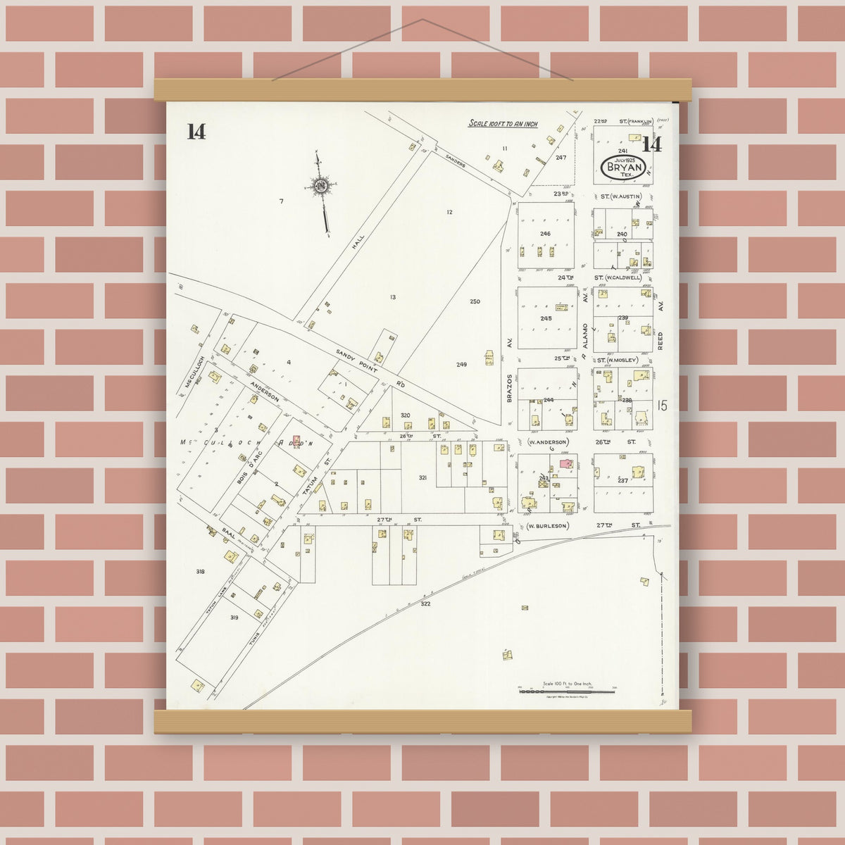 Old map wall art mockup — magnetic wood frame on brick wall — Sanborn Fire Insurance Map from Bryan, Brazos County, Texas (1925), Sheet #0014