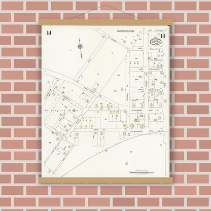 Old map wall art mockup — magnetic wood frame on brick wall — Sanborn Fire Insurance Map from Bryan, Brazos County, Texas (1925), Sheet #0014