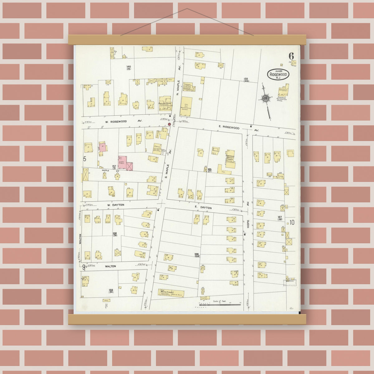 Old map wall art mockup — magnetic wood frame on brick wall — Sanborn Fire Insurance Map from Ridgewood, Bergen County, New Jersey (1911), Sheet #0006