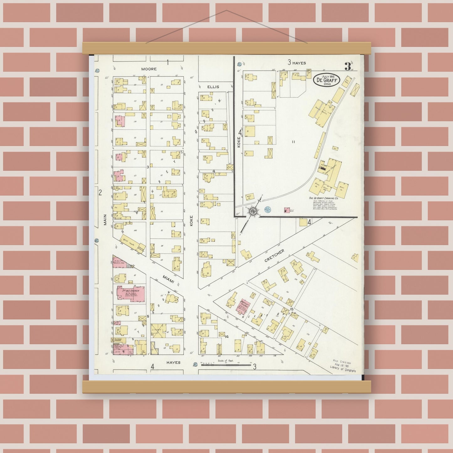 Old map wall art mockup — magnetic wood frame on brick wall — Sanborn Fire Insurance Map from Degraff, Logan County, Ohio (1915), Sheet #0003
