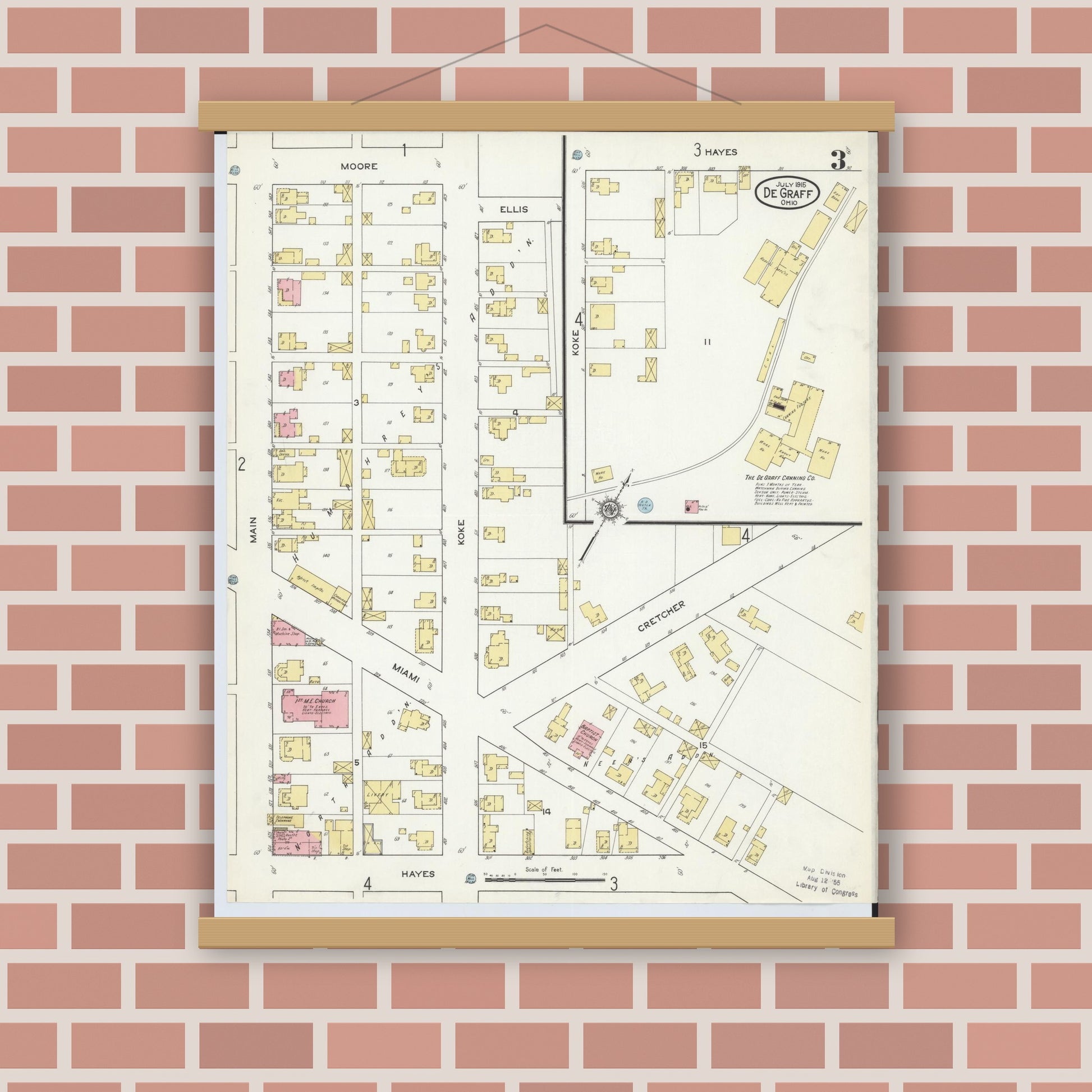 Old map wall art mockup — magnetic wood frame on brick wall — Sanborn Fire Insurance Map from Degraff, Logan County, Ohio (1915), Sheet #0003