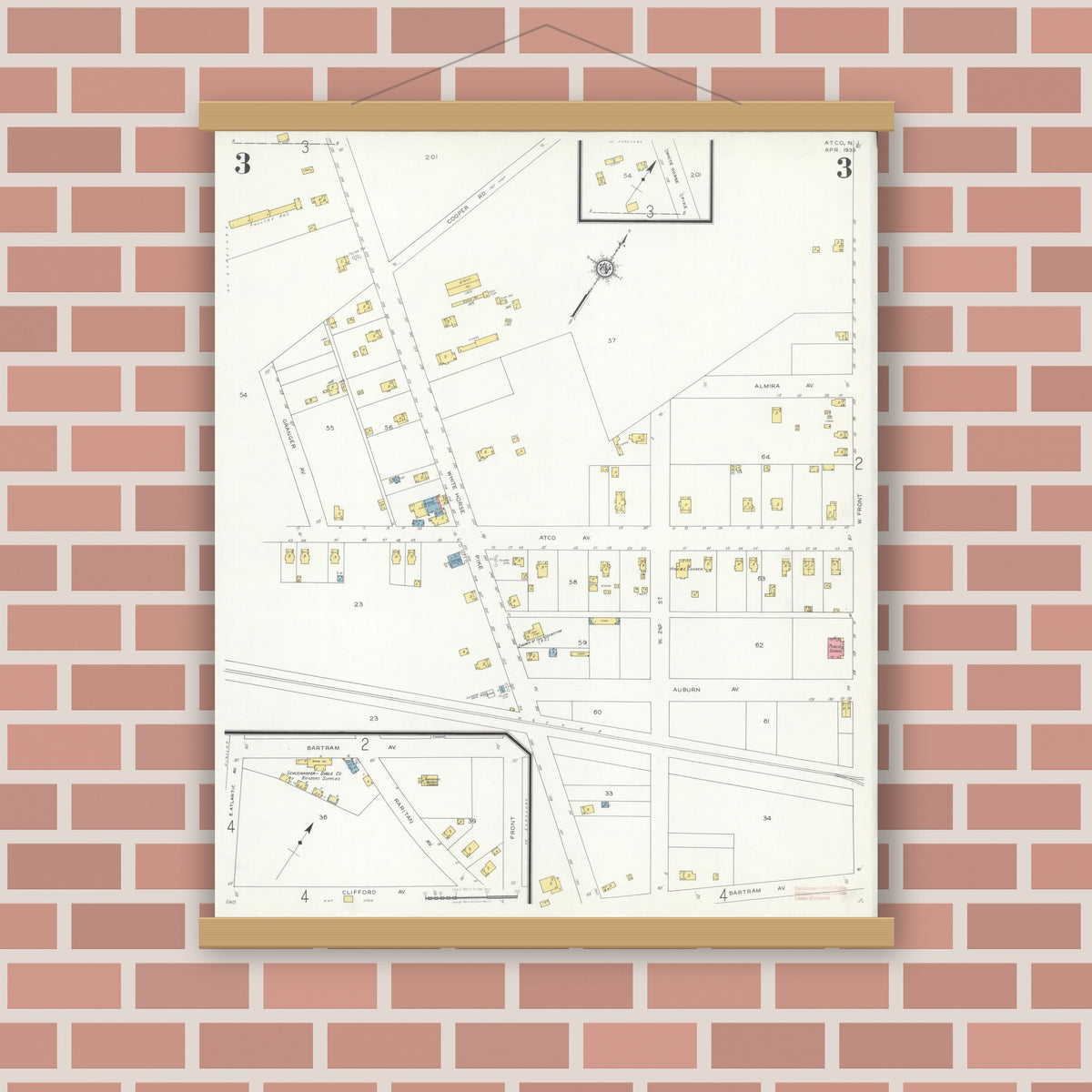 Old map wall art mockup — magnetic wood frame on brick wall — Sanborn Fire Insurance Map from Atco, Camden County, New Jersey (1933), Sheet #0003
