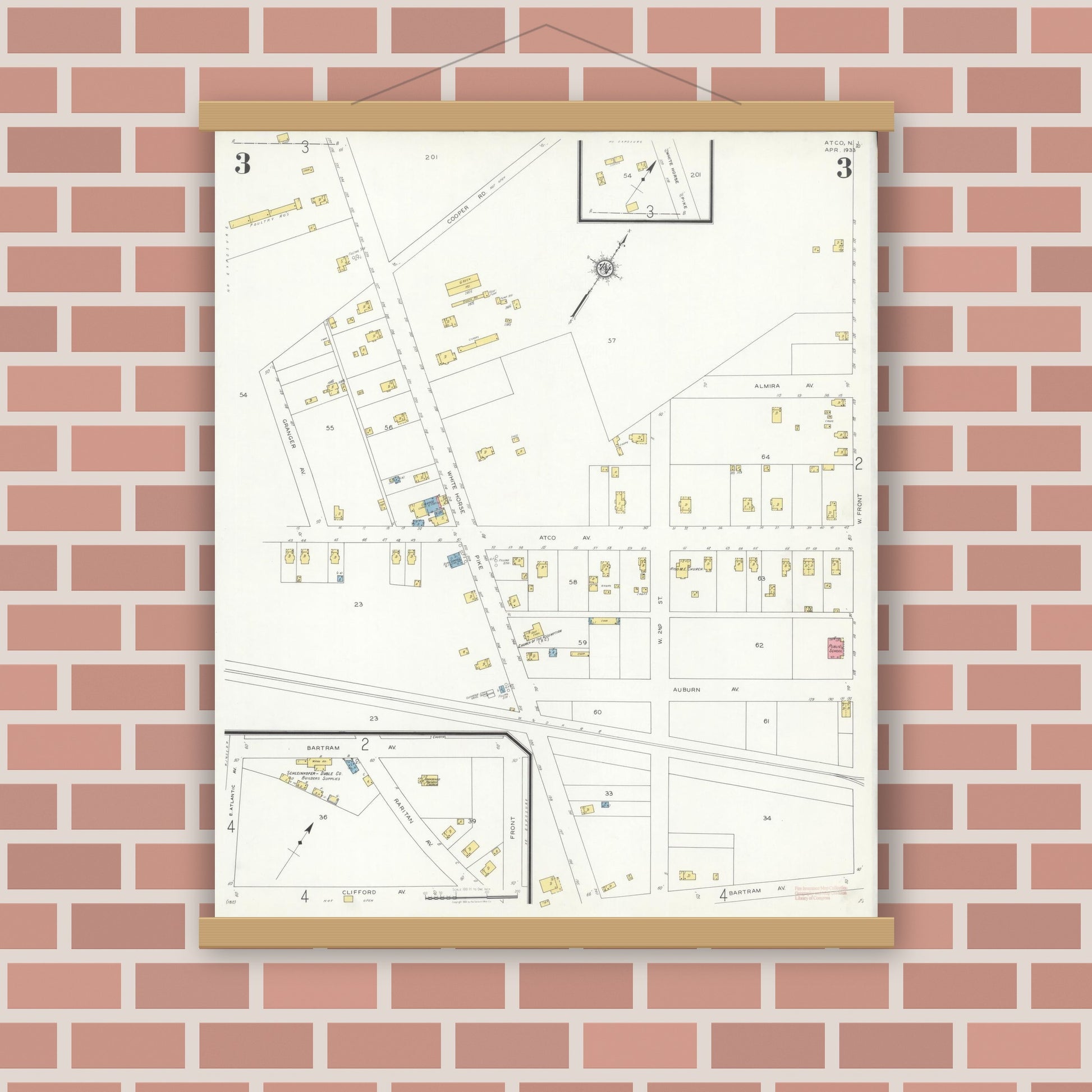 Old map wall art mockup — magnetic wood frame on brick wall — Sanborn Fire Insurance Map from Atco, Camden County, New Jersey (1933), Sheet #0003