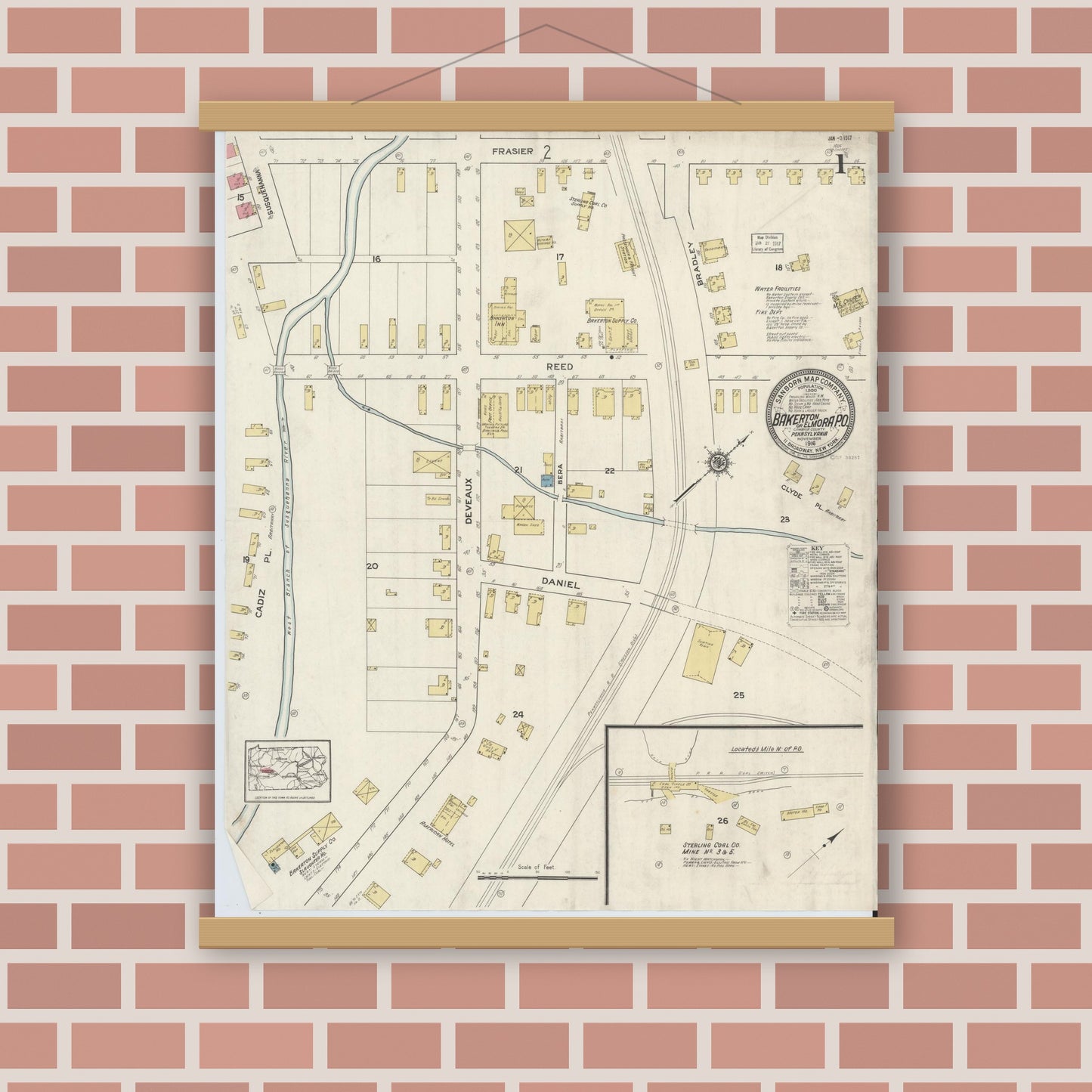 Old map wall art mockup — magnetic wood frame on brick wall — Sanborn Fire Insurance Map from Bakerton, Cambria County, Pennsylvania (1916), Sheet #0001