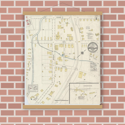 Old map wall art mockup — magnetic wood frame on brick wall — Sanborn Fire Insurance Map from Bakerton, Cambria County, Pennsylvania (1916), Sheet #0001