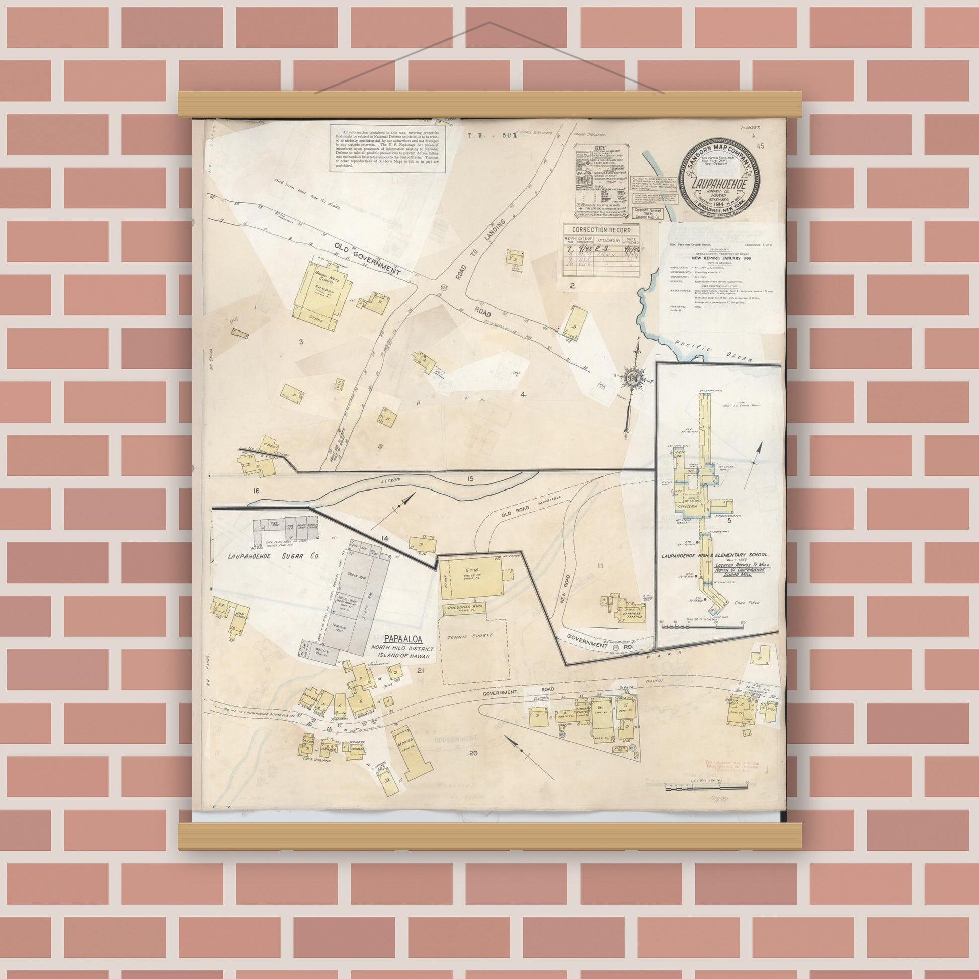 Old map wall art mockup — magnetic wood frame on brick wall — Sanborn Fire Insurance Map from Laupahoehoe, Hawaii County, Hawaii (1956), Sheet #0001