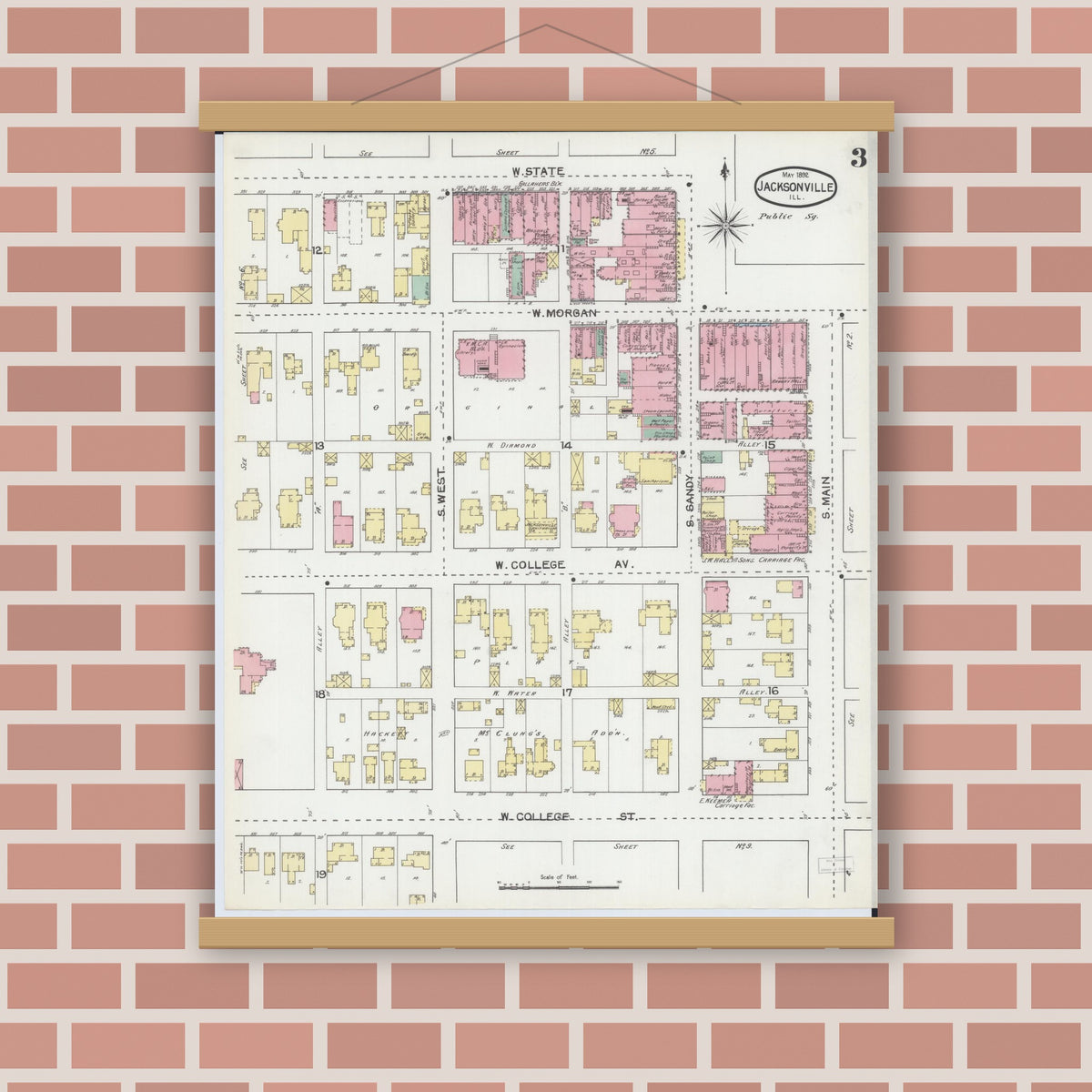 Old map wall art mockup — magnetic wood frame on brick wall — Sanborn Fire Insurance Map from Jacksonville, Morgan County, Illinois (1892), Sheet #0003