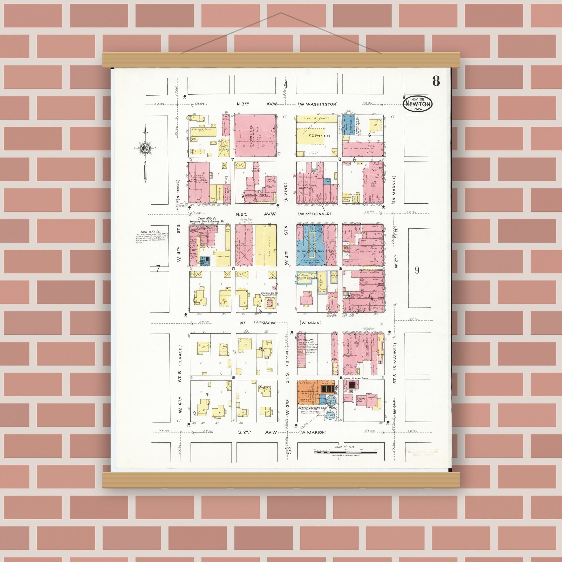 Old map wall art mockup — magnetic wood frame on brick wall — Sanborn Fire Insurance Map from Newton, Jasper County, Iowa (1918), Sheet #0008
