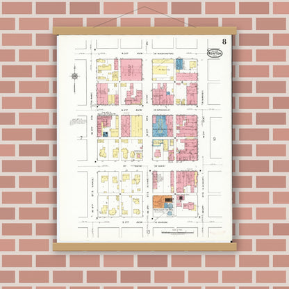 Old map wall art mockup — magnetic wood frame on brick wall — Sanborn Fire Insurance Map from Newton, Jasper County, Iowa (1918), Sheet #0008