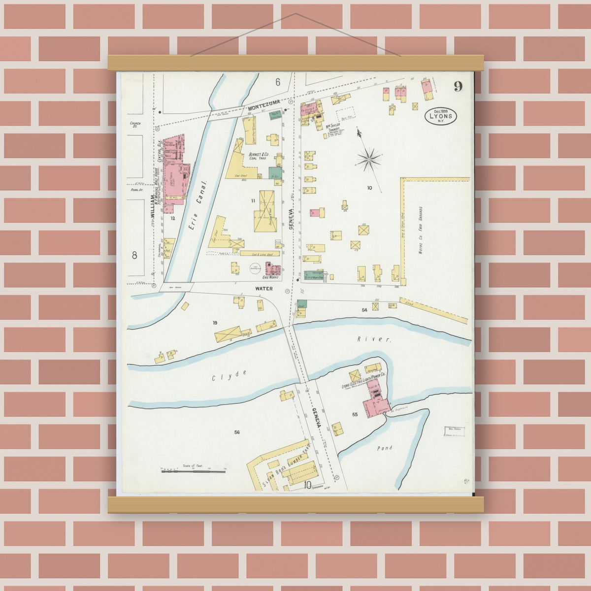 Old map wall art mockup — magnetic wood frame on brick wall — Sanborn Fire Insurance Map from Lyons, Wayne County, New York (1899), Sheet #0009