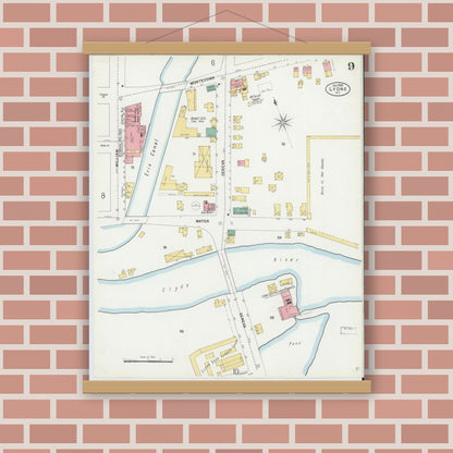 Old map wall art mockup — magnetic wood frame on brick wall — Sanborn Fire Insurance Map from Lyons, Wayne County, New York (1899), Sheet #0009