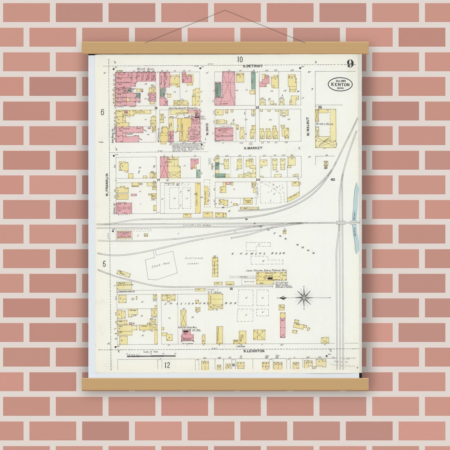 Old map wall art mockup — magnetic wood frame on brick wall — Sanborn Fire Insurance Map from Kenton, Hardin County, Ohio (1902), Sheet #0009