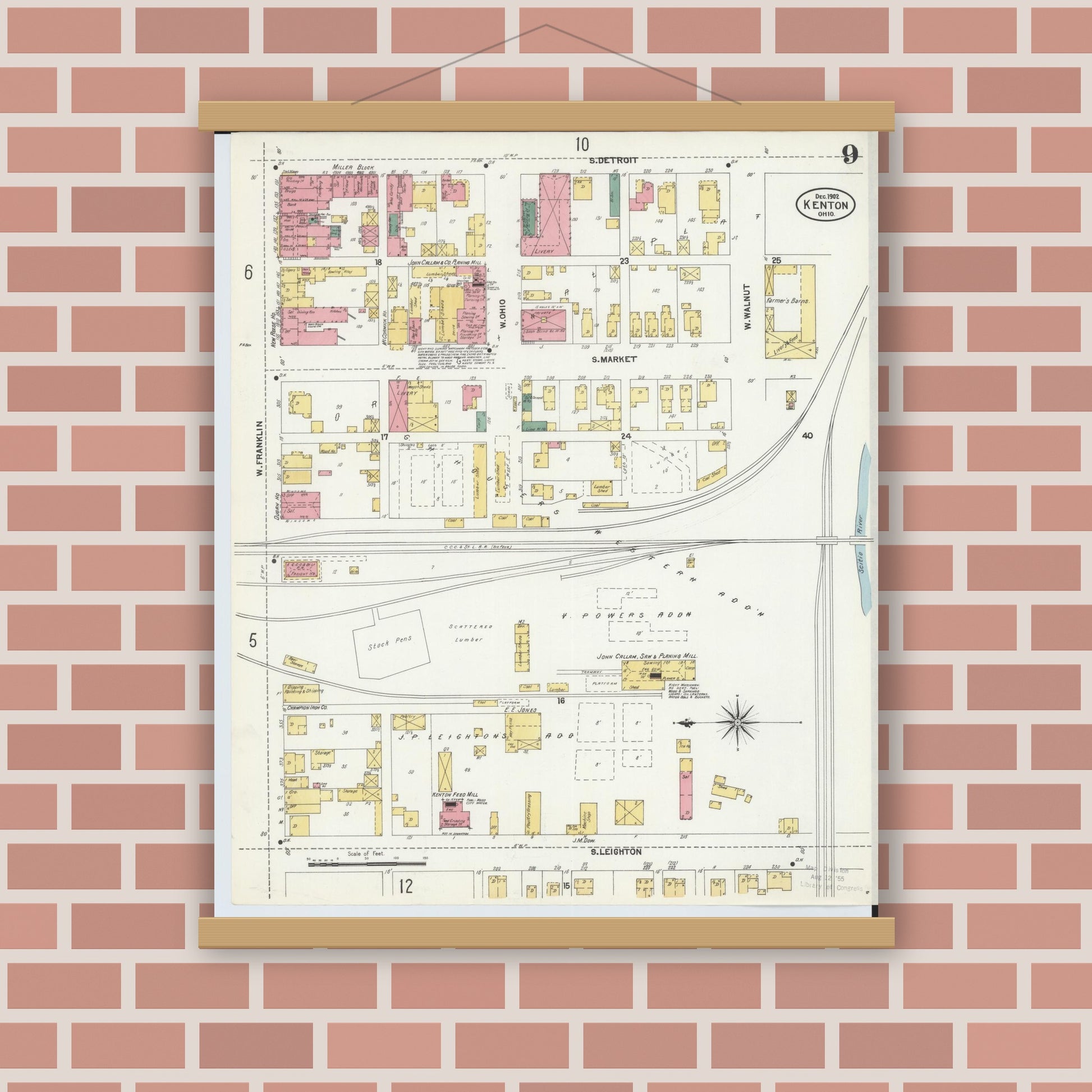 Old map wall art mockup — magnetic wood frame on brick wall — Sanborn Fire Insurance Map from Kenton, Hardin County, Ohio (1902), Sheet #0009