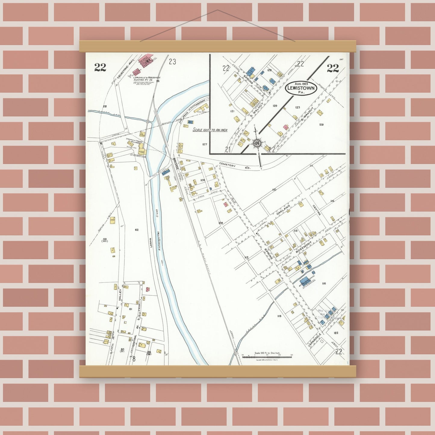 Old map wall art mockup — magnetic wood frame on brick wall — Sanborn Fire Insurance Map from Lewistown, Mifflin County, Pennsylvania (1923), Sheet #0022