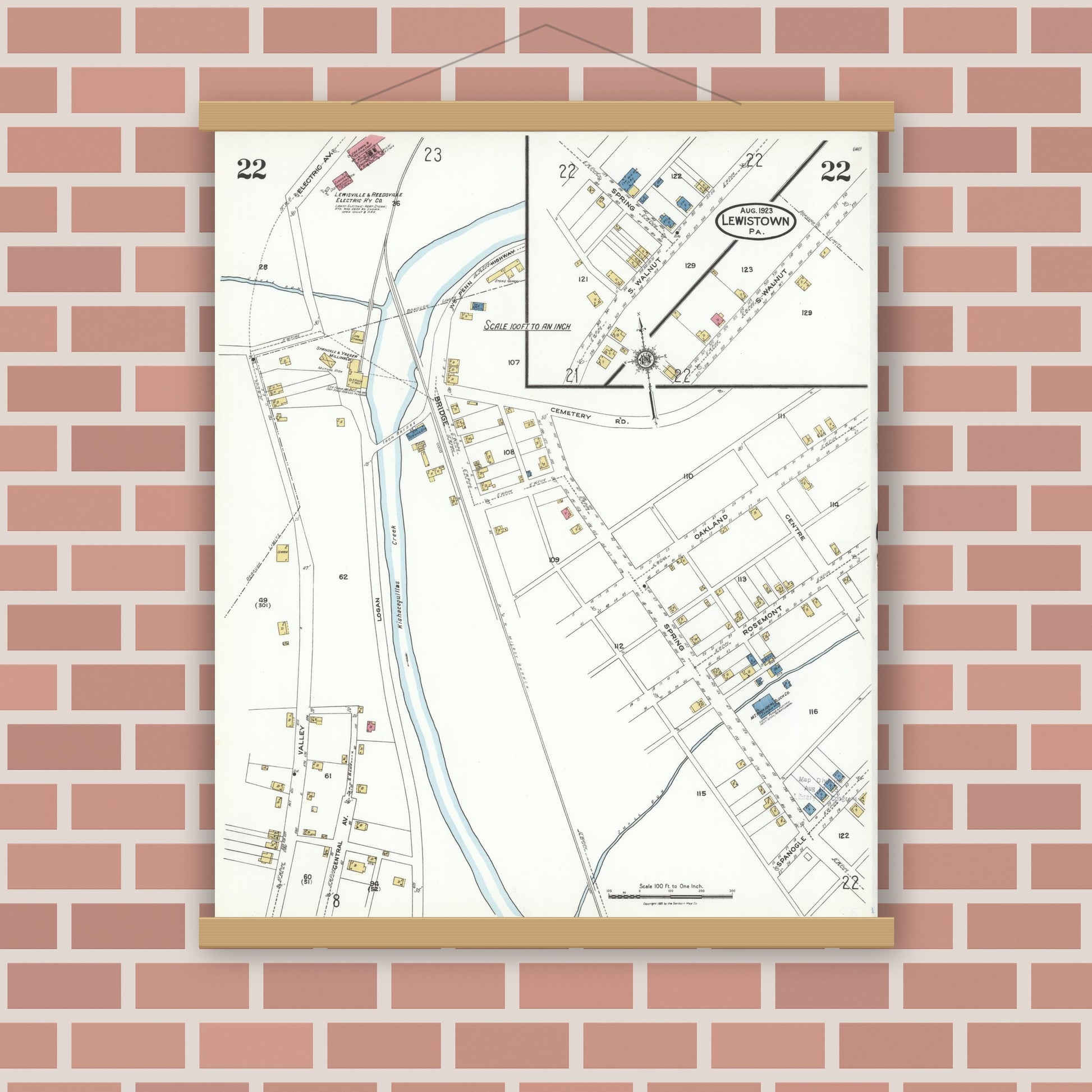 Old map wall art mockup — magnetic wood frame on brick wall — Sanborn Fire Insurance Map from Lewistown, Mifflin County, Pennsylvania (1923), Sheet #0022