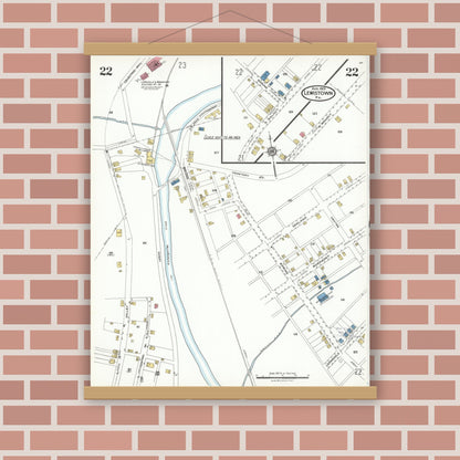 Old map wall art mockup — magnetic wood frame on brick wall — Sanborn Fire Insurance Map from Lewistown, Mifflin County, Pennsylvania (1923), Sheet #0022