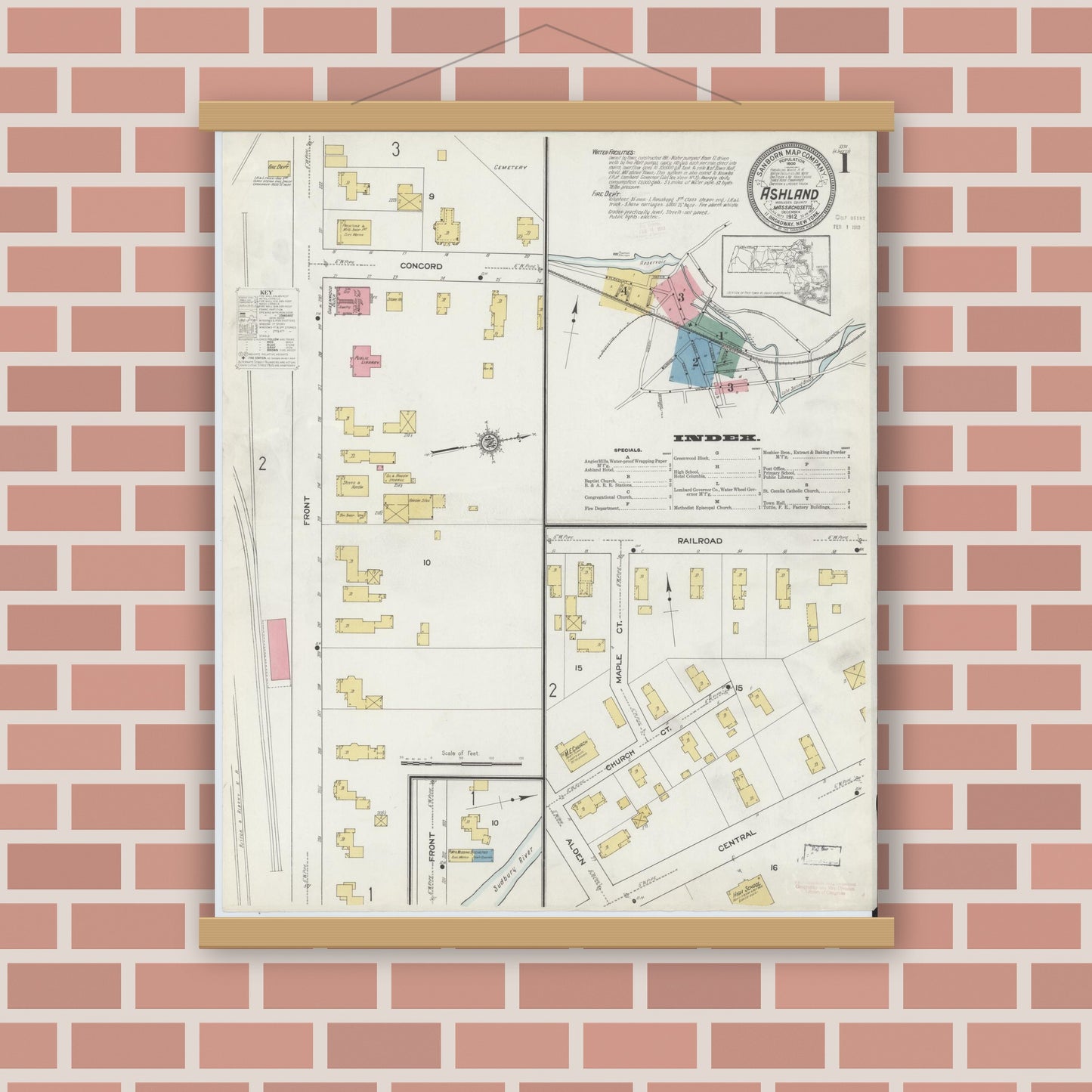 Old map wall art mockup — magnetic wood frame on brick wall — Sanborn Fire Insurance Map from Ashland, Middlesex County, Massachusetts (1912), Sheet #0001