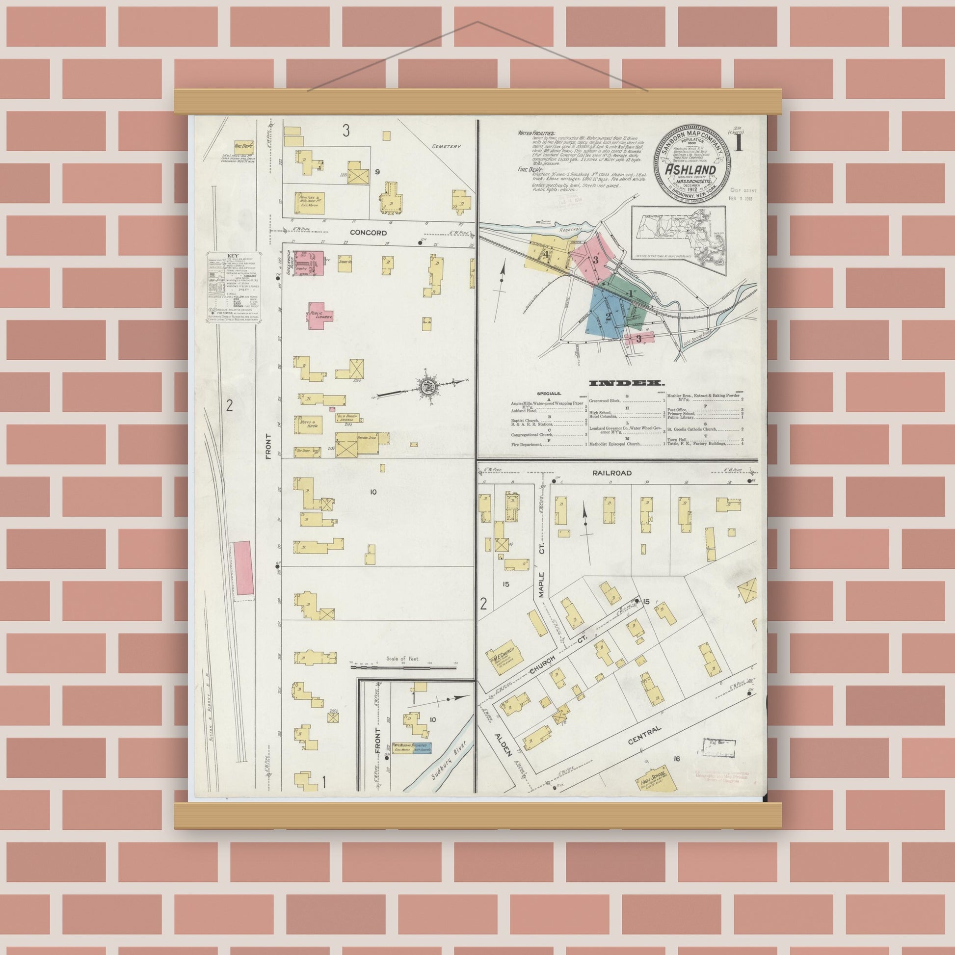 Old map wall art mockup — magnetic wood frame on brick wall — Sanborn Fire Insurance Map from Ashland, Middlesex County, Massachusetts (1912), Sheet #0001