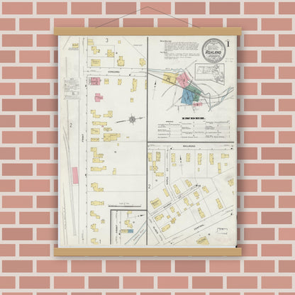 Old map wall art mockup — magnetic wood frame on brick wall — Sanborn Fire Insurance Map from Ashland, Middlesex County, Massachusetts (1912), Sheet #0001