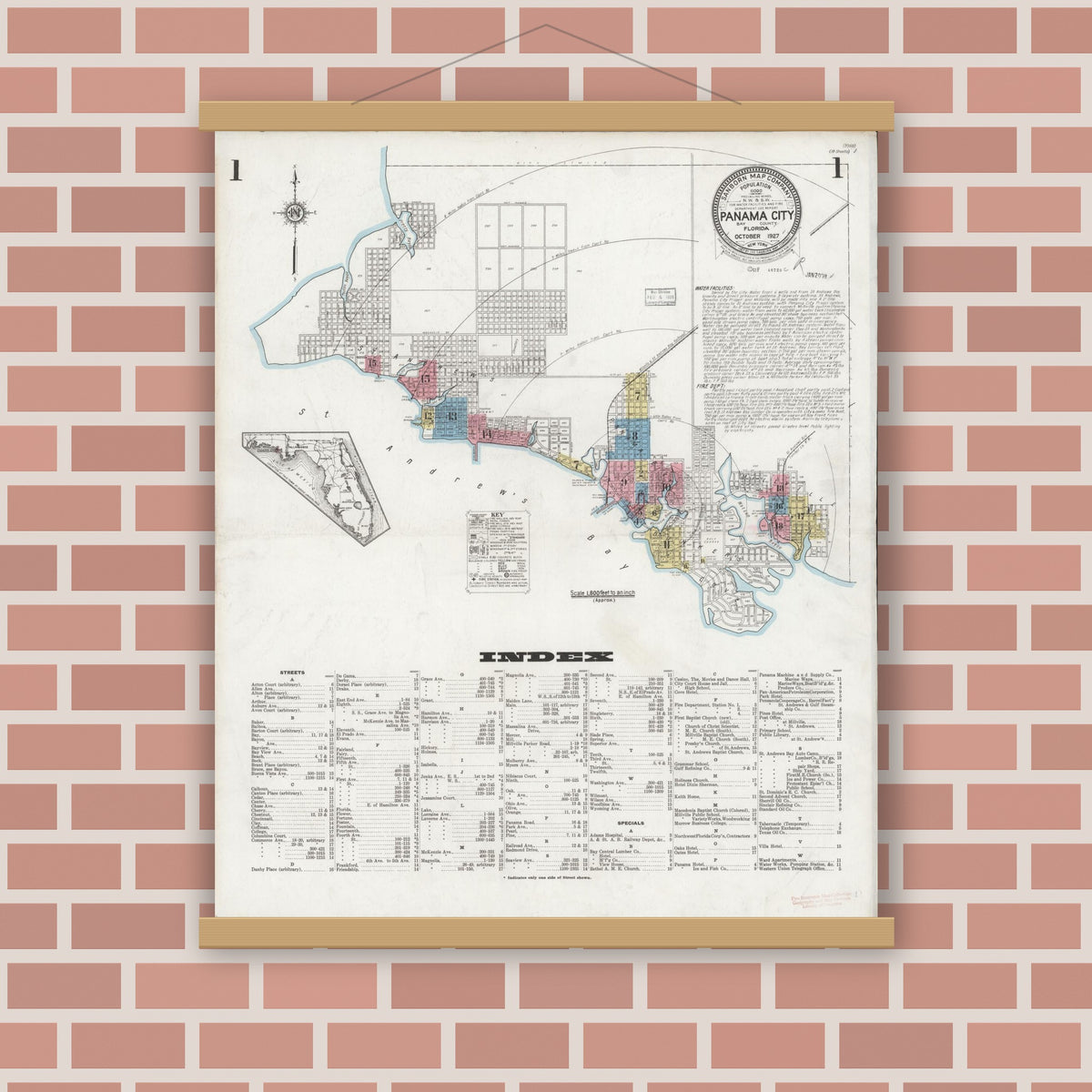 Old map wall art mockup — magnetic wood frame on brick wall — Sanborn Fire Insurance Map from Panama City, Bay County, Florida (1927) - Complete Map Set
