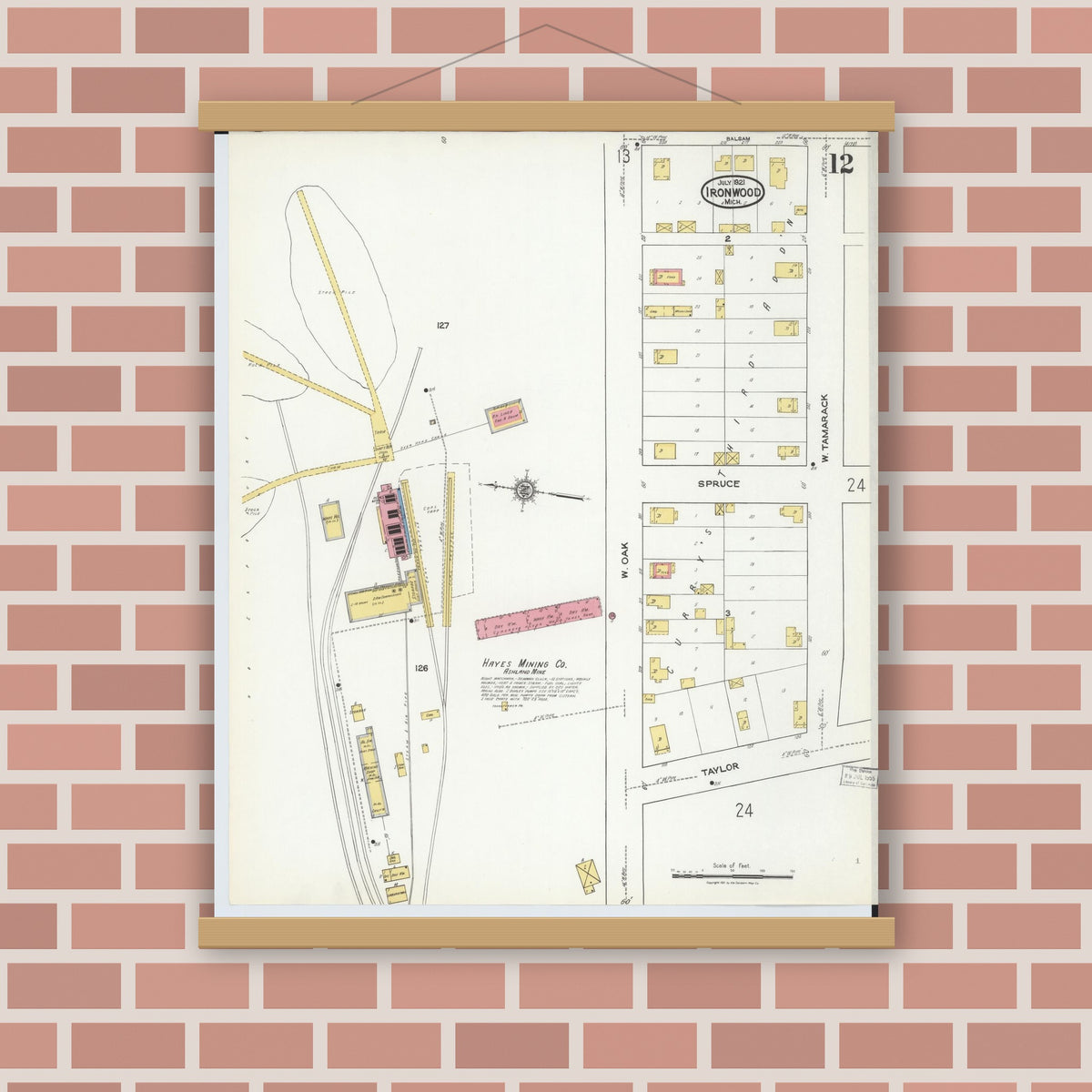 Old map wall art mockup — magnetic wood frame on brick wall — Sanborn Fire Insurance Map from Ironwood, Gogebic County, Michigan (1921), Sheet #0012