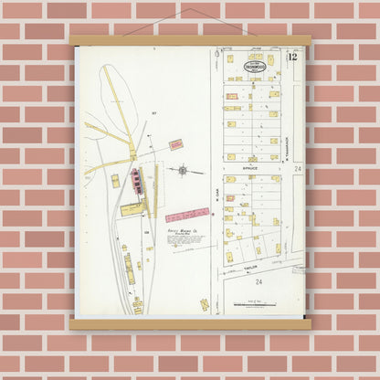 Old map wall art mockup — magnetic wood frame on brick wall — Sanborn Fire Insurance Map from Ironwood, Gogebic County, Michigan (1921), Sheet #0012