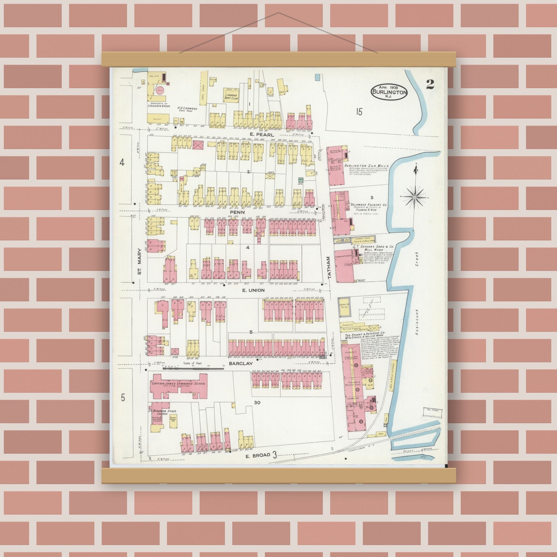 Old map wall art mockup — magnetic wood frame on brick wall — Sanborn Fire Insurance Map from Burlington, Burlington County, New Jersey (1908) - Complete Map Set