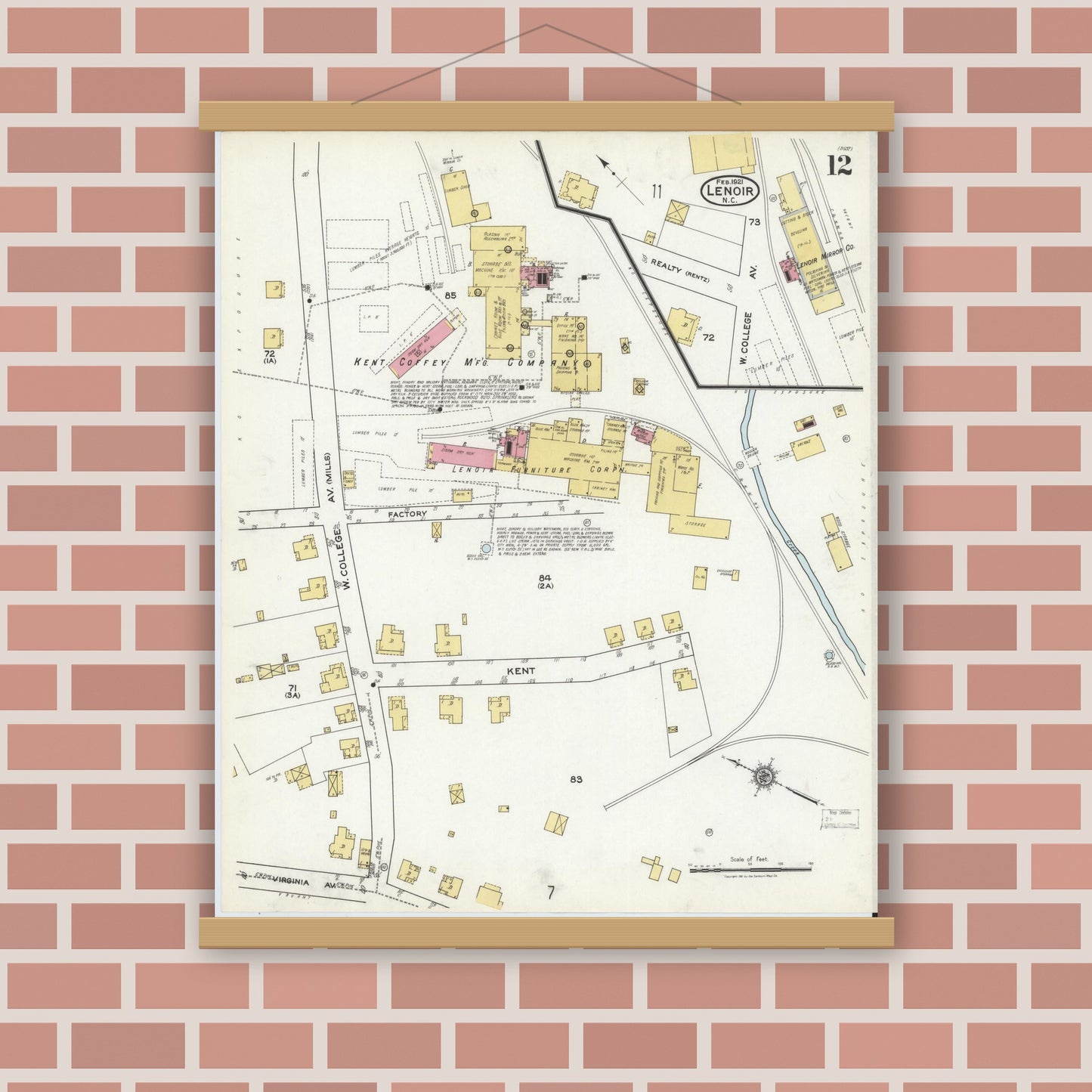 Old map wall art mockup — magnetic wood frame on brick wall — Sanborn Fire Insurance Map from Lenoir, Caldwell County, North Carolina (1921), Sheet #0012