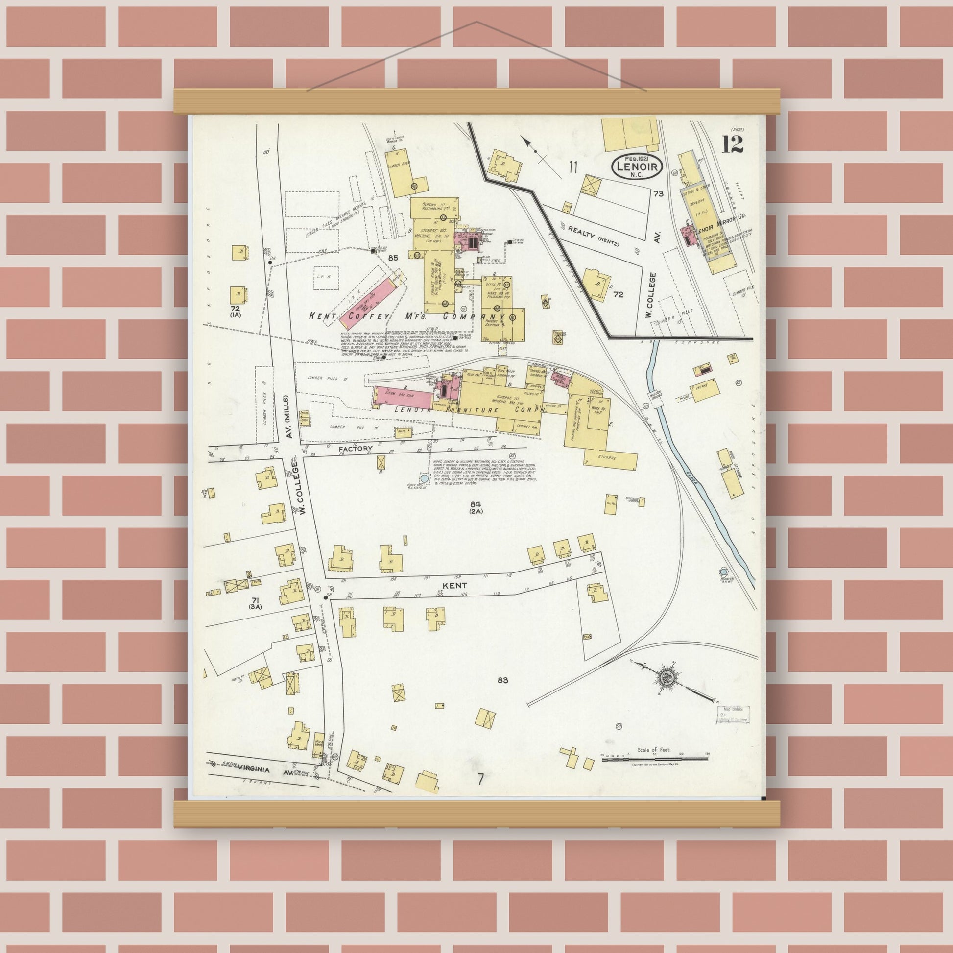 Old map wall art mockup — magnetic wood frame on brick wall — Sanborn Fire Insurance Map from Lenoir, Caldwell County, North Carolina (1921), Sheet #0012