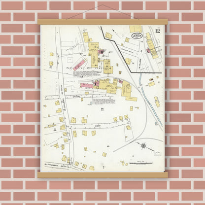 Old map wall art mockup — magnetic wood frame on brick wall — Sanborn Fire Insurance Map from Lenoir, Caldwell County, North Carolina (1921), Sheet #0012