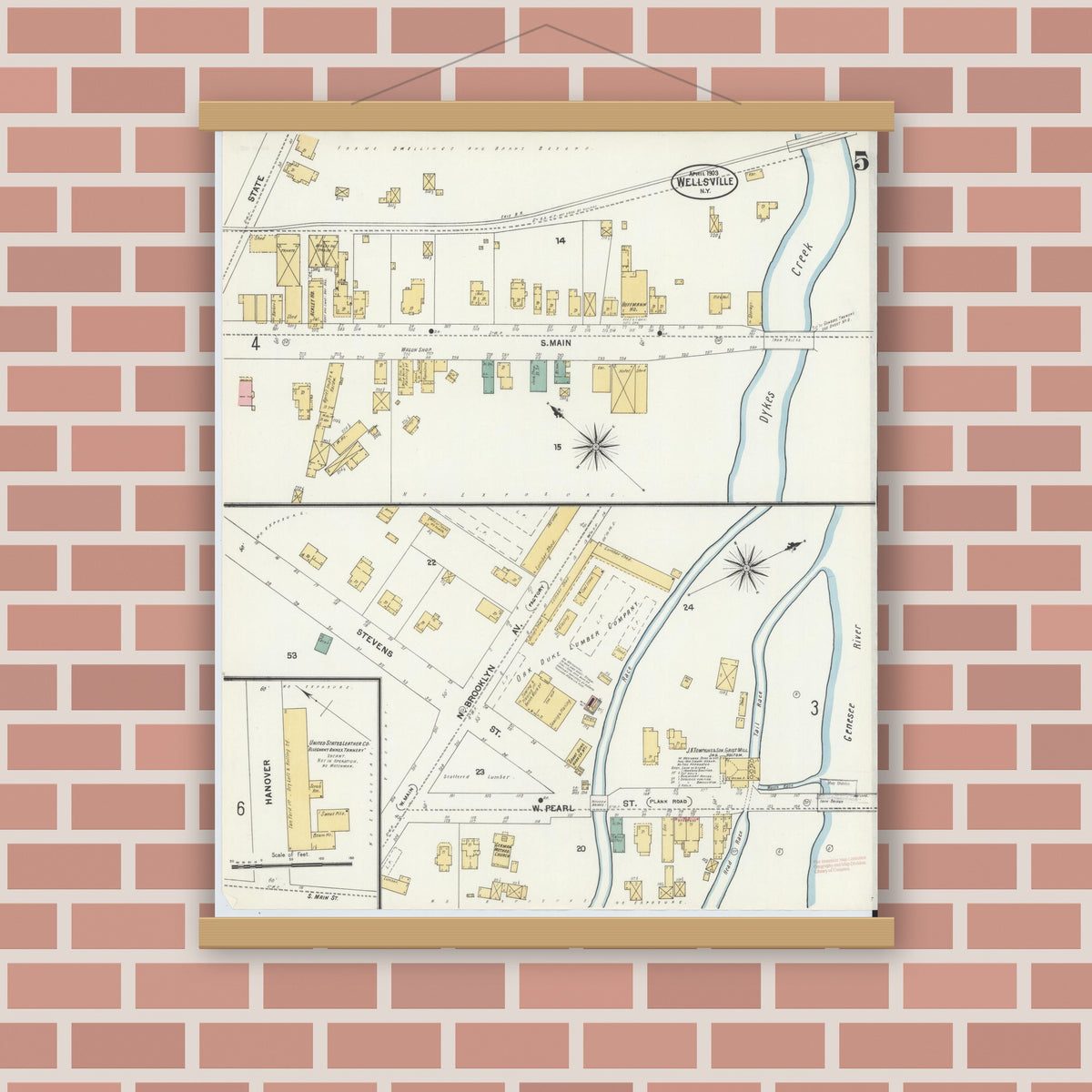 Old map wall art mockup — magnetic wood frame on brick wall — Sanborn Fire Insurance Map from Wellsville, Allegany County, New York (1903), Sheet #0005