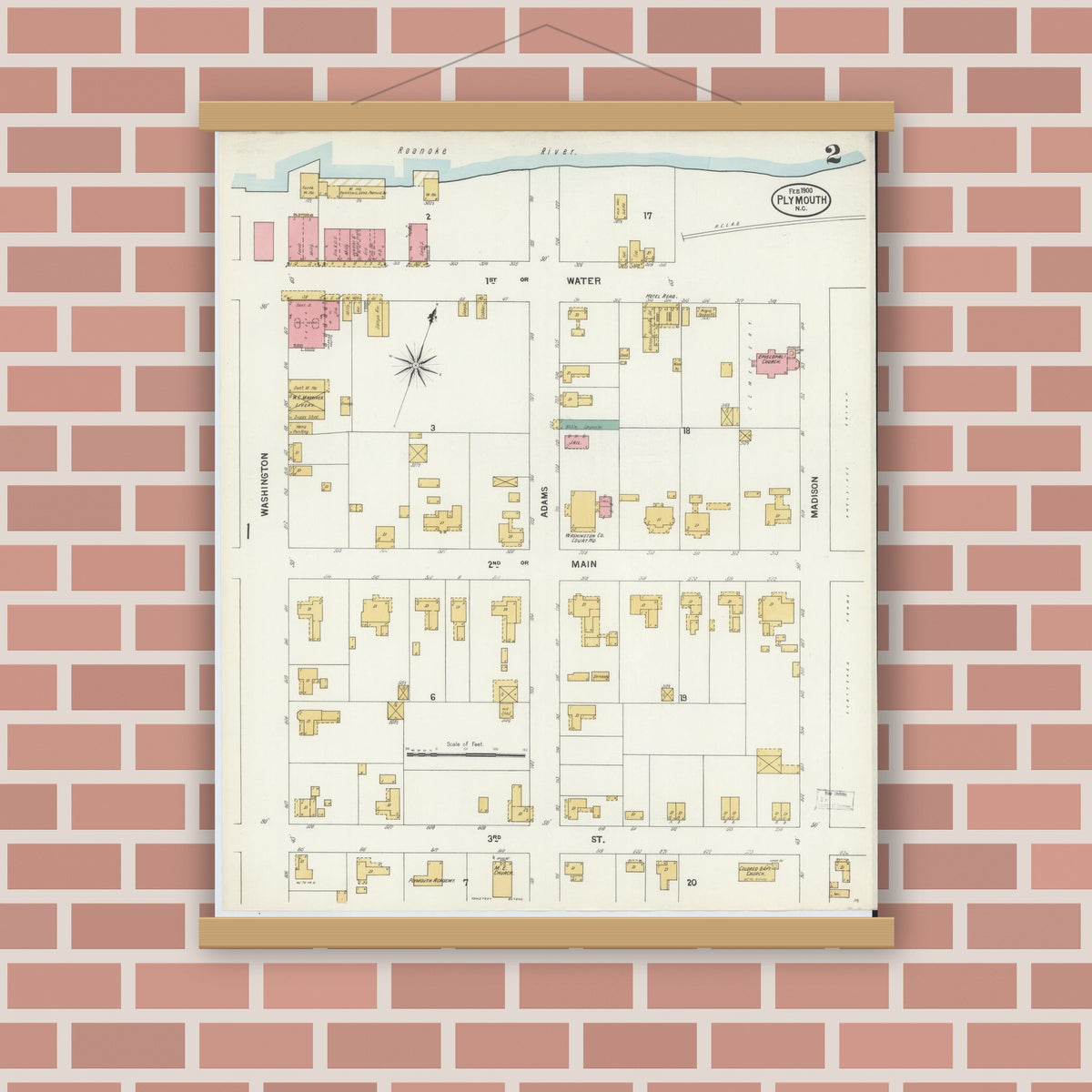 Old map wall art mockup — magnetic wood frame on brick wall — Sanborn Fire Insurance Map from Plymouth, Washington County, North Carolina (1900), Sheet #0002