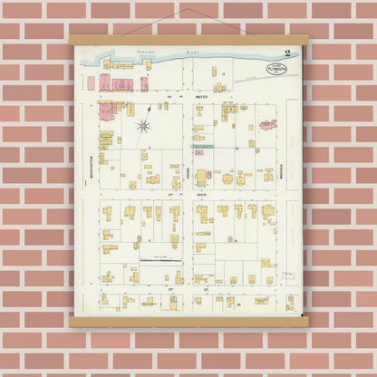 Old map wall art mockup — magnetic wood frame on brick wall — Sanborn Fire Insurance Map from Plymouth, Washington County, North Carolina (1900), Sheet #0002