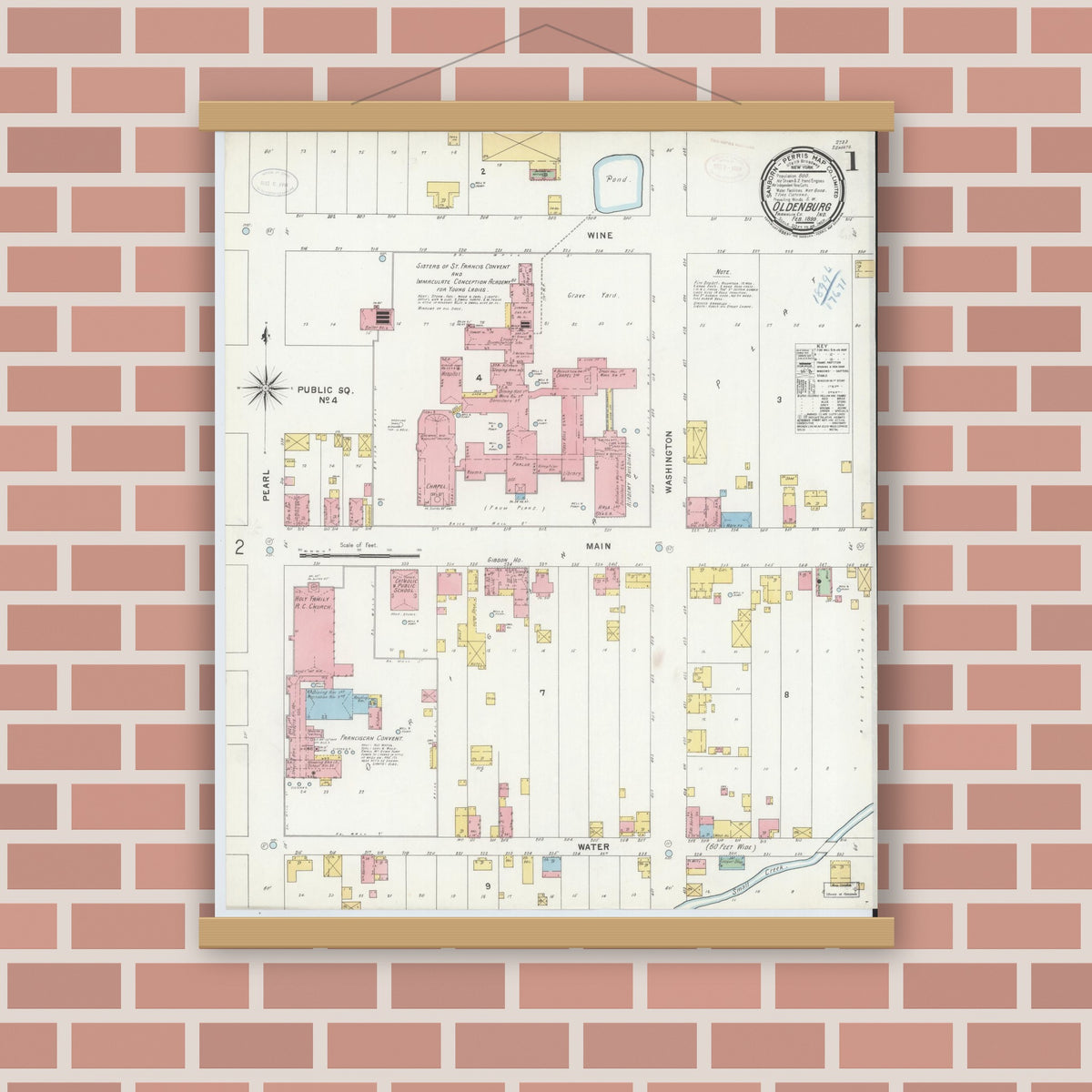 Old map wall art mockup — magnetic wood frame on brick wall — Sanborn Fire Insurance Map from Oldenburg, Franklin County, Indiana (1899), Sheet #0001