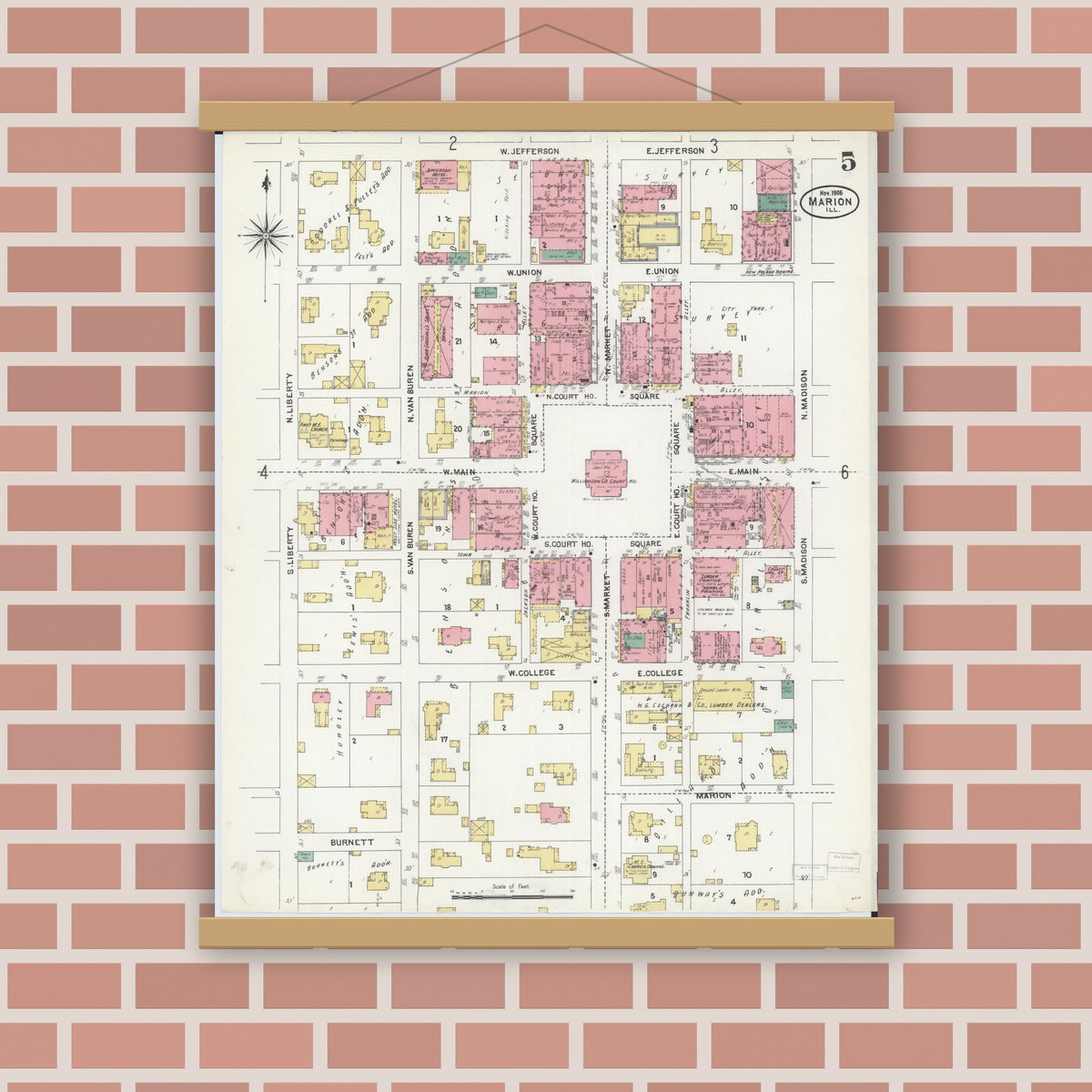 Old map wall art mockup — magnetic wood frame on brick wall — Sanborn Fire Insurance Map from Marion, Williamson County, Illinois (1906), Sheet #0005