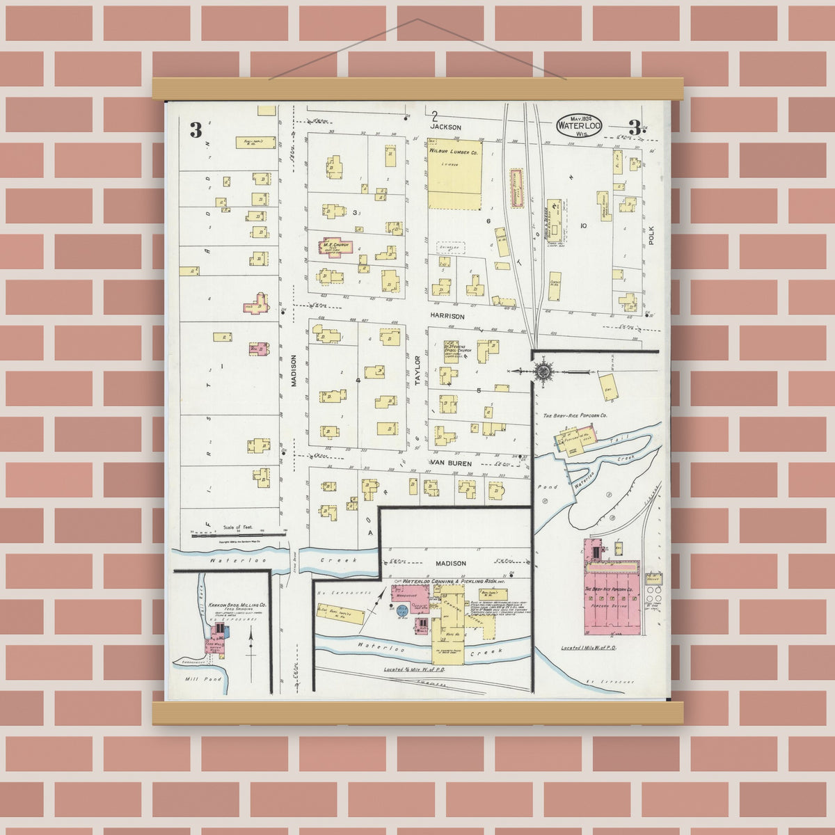 Old map wall art mockup — magnetic wood frame on brick wall — Sanborn Fire Insurance Map from Waterloo, Jefferson County, Wisconsin (1924), Sheet #0003